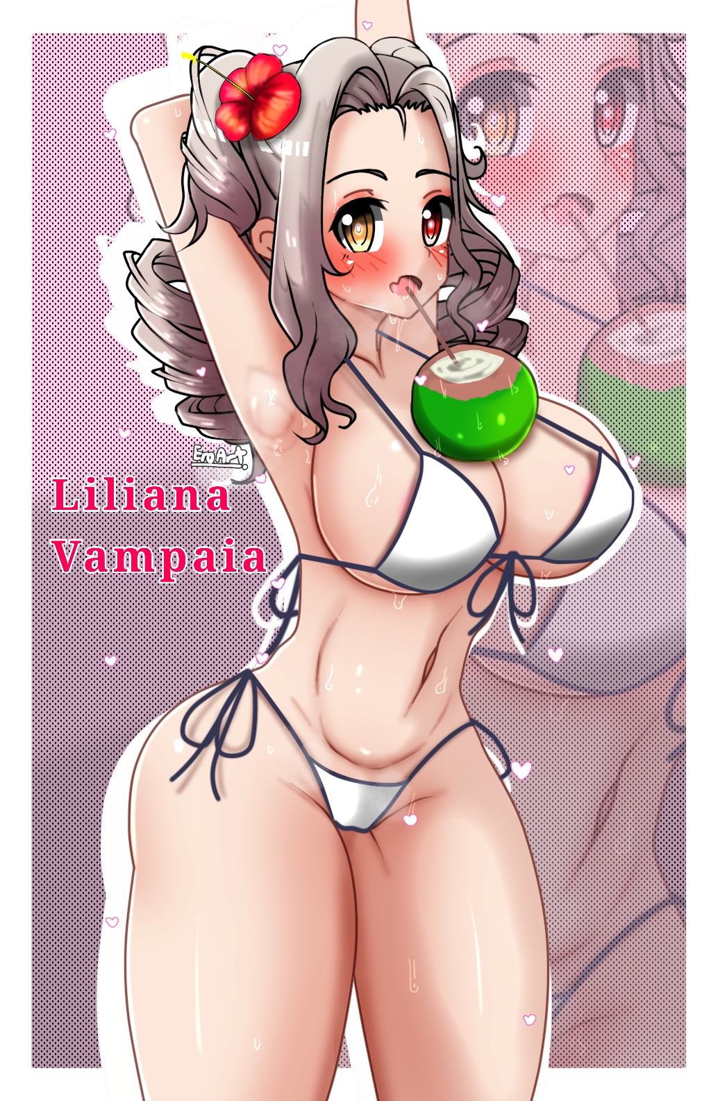 arms_behind_head arms_up belly_bulge big_breasts bikini blush coconut ero_art_oa flower_in_hair grey_hair heterochromia hibiscus liliana_vampaia midriff myholotv navel red_eyes skin_fang thick_thighs twin_drills virtual_youtuber yellow_eyes