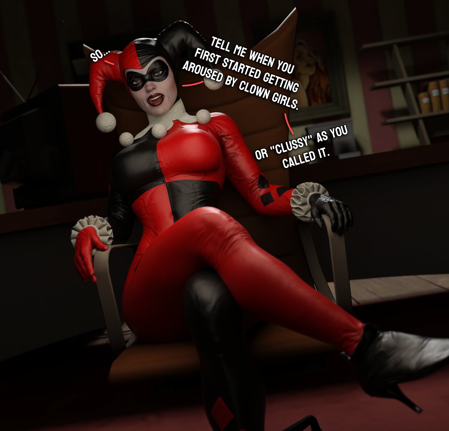 1girls, 3d, 3d (artwork), antiheroine, ass, athletic, athletic female, batman (series), batman: arkham knight, big ass, big breasts, blue eyes, breasts, bubble ass, bubble butt, busty, clown, clown girl, curvaceous, curvy, curvy figure, dc, dc comics, digital media (artwork), eyebrows, eyelashes, eyes, female, female focus, female only, fit, fit female, harley quinn, harley quinn (classic), harley quinn (injustice), hips, hourglass figure, huge ass, huge breasts, human, injustice 2, jester, jester cap, jester costume, jester girl, jester hat, jester outfit, large ass, large breasts, legs, light skin, light-skinned female, lips, mature, mature female, pale skin, pale-skinned female, smitty34, straight, thick, thick legs, thick thighs, thighs, top heavy, upper body, villain, villainess, voluptuous, waist, wide hips