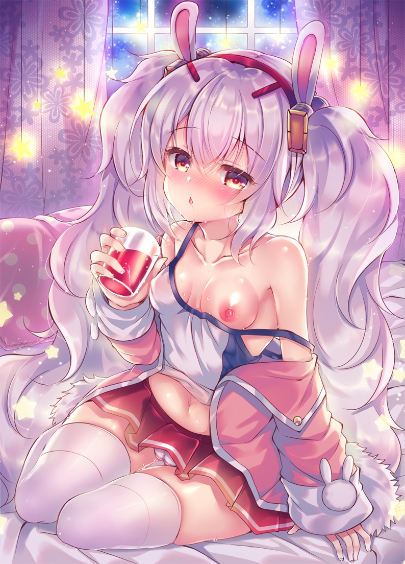 azur_lane bare_shoulders blush breasts bunny_hair_ornament cameltoe camisole chestnut_mouth collarbone commentary_request cup curtains drink drinking_glass female fur_trim hair_ornament hairband holding holding_cup indoors jacket laffey_(azur_lane) long_hair long_sleeves looking_at_viewer midriff miniskirt navel nipples no_bra nose_blush off_shoulder open_clothes open_jacket panties parted_lips pink_jacket pleated_skirt red_skirt shirt silver_hair sitting skirt sleeves_past_wrists small_breasts solo star strap_slip suzunone_rena sweat thigh_gap thighhighs twintails underwear very_long_hair white_legwear white_panties white_shirt window yellow_eyes