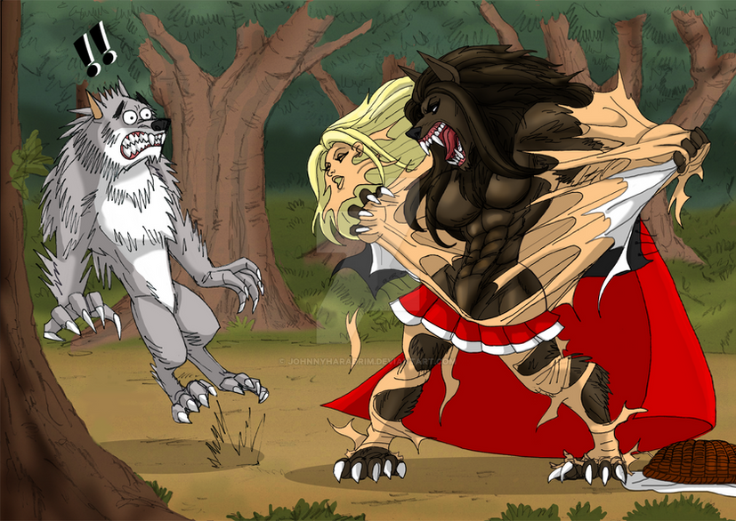 anthro big_ass big_bad_wolf big_breasts blonde_hair brown_fur comic curvy disguise fairy_tales forest johnnyharadrim literature little_red_riding_hood male_focus male_only muscular_male public_domain red_hood skinsuit tearing_clothes werewolf wolf