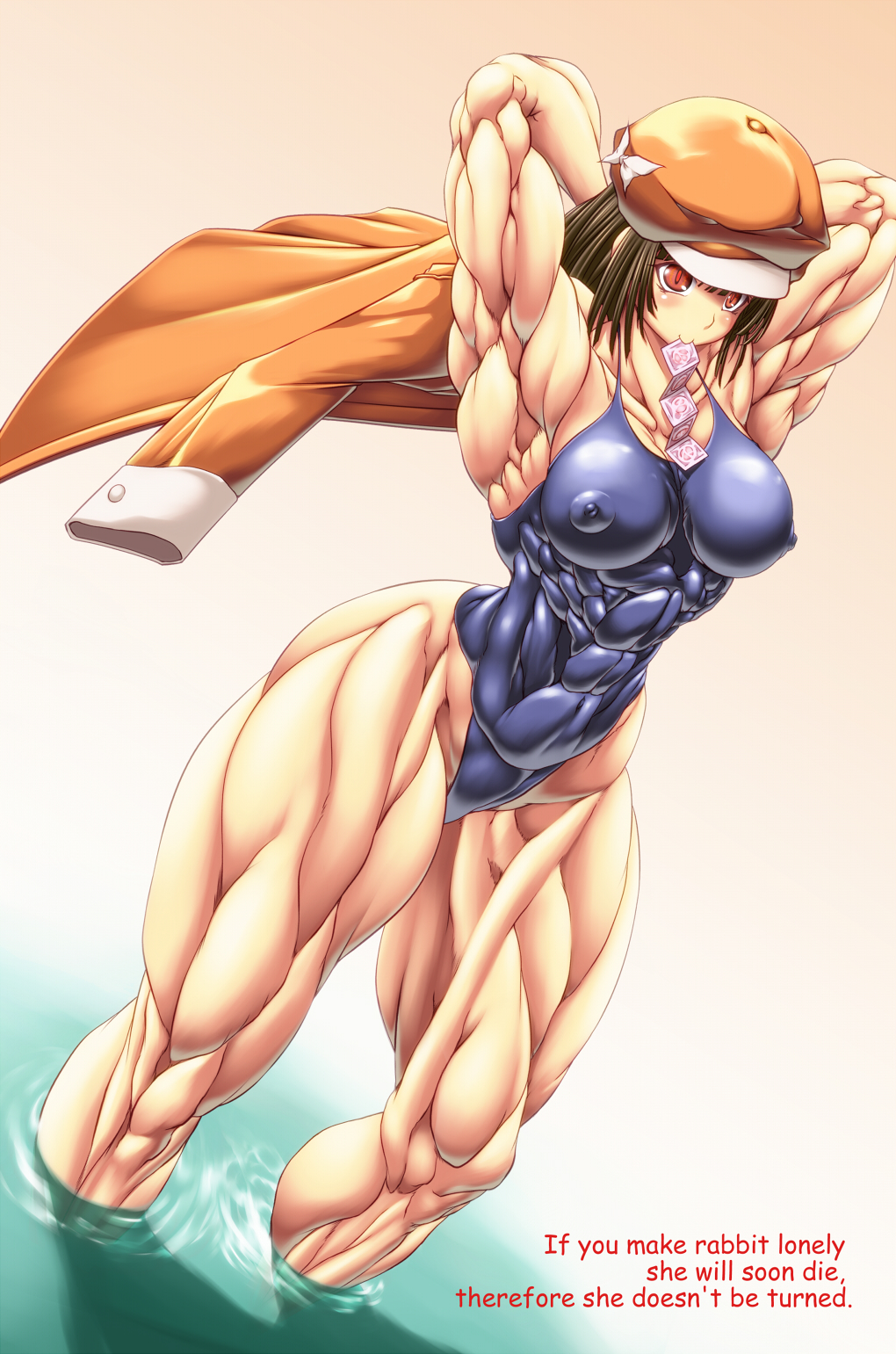 1girls :) =) alternate_body_type alternate_breast_size alternate_muscle_size armpits arms_behind_head arms_up bakemonogatari bangs bare_arms bare_hips bare_legs bare_shoulders big_breasts big_muscles blue_one-piece_swimsuit blue_swimsuit blush breasts brown_eyes brown_hair colored_pupils commentary_request condom condom_in_mouth covered_abs covered_navel covered_nipples curvy english english_text feet_out_of_frame female female_only gradient_background hands_behind_head hat headwear highleg_swimsuit holding holding_clothing holding_condom holding_jacket holding_object huge_muscles human human_only jacket jacket_removed large_breasts long_sleeves medium_bangs medium_hair monogatari_(series) mouth_hold muscle muscle_girl muscles muscular muscular_arms muscular_female muscular_legs muscular_thighs one-piece_swimsuit orange_hat orange_headwear orange_jacket purukogi_(plasma_beach) red_eyes red_pupils school_swimsuit sengoku_nadeko sidelocks slit_pupils smile solo solo_female swimsuit teenage_girl teenager text thick_thighs unworn_jacket wading walking water