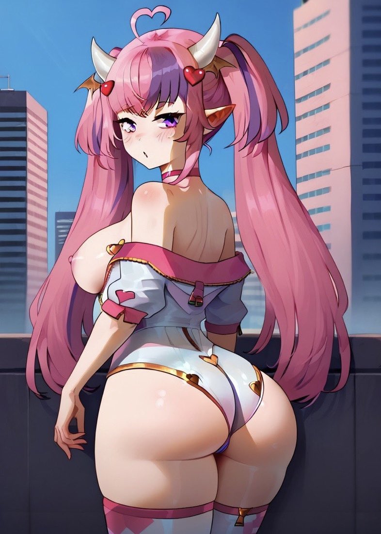 (turboshiggy) 1female 1girls ahoge ai_generated ass ass_focus big_breasts booty breasts buildings caked_up choker cityscape day daytime demon_girl demon_horns hair_ornament hand_on_ass heart_ahoge huge_ass huge_breasts ironmouse jacket_on_shoulders leotard light-skinned_female long_hair multicolored_hair pink_hair pink_nipples pointy_ears purple_eyes purple_hair race_queen rear_view self_upload solo solo_female solo_focus turned_around twintails virtual_youtuber vshojo vtuber