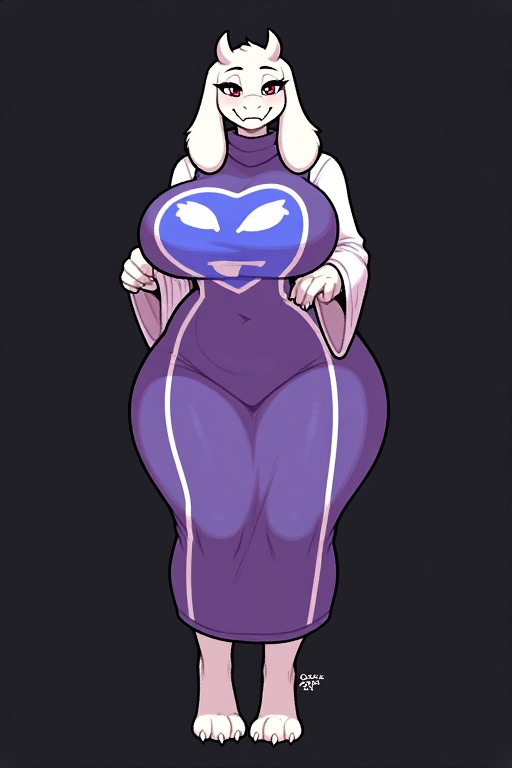 1girls, ai generated, anthro, ass, beautiful, big ass, big breasts, blush, breasts, clothed, clothing, curvy, curvy body, curvy female, curvy figure, female, furry, goat, goat girl, huge ass, huge breasts, looking at viewer, mature female, milf, mother, red eyes, sexy, smile, smiling, smiling at viewer, thick thighs, toriel, undertale, undertale (series), white body, white fur, wide hips