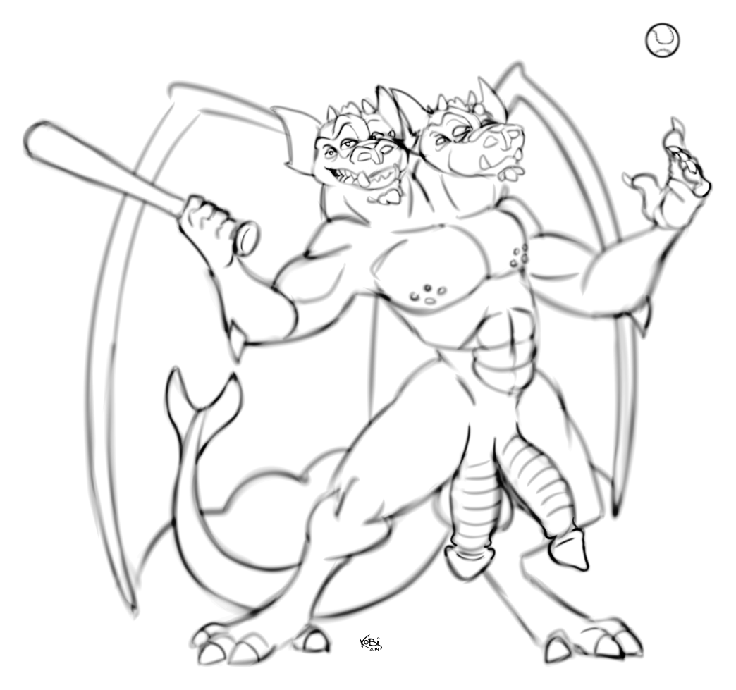 anthro balls baseball_(disambiguation) baseball_bat bat_(object) claws digitigrade diphallia diphallism dragon horn kobi_lacroix male male_only multi_eye multi_head multi_nipple multi_penis muscular muscular_male nipples penis solo wings