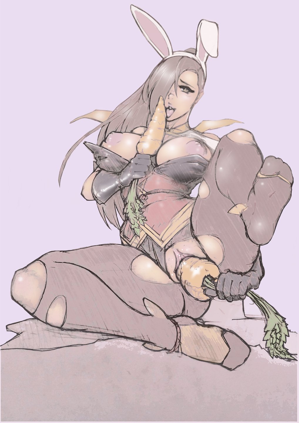 black_hair blush breasts bunny_ears carrot feet female fire_emblem fire_emblem_fates fire_emblem_heroes hair_over_one_eye ithinkaboutthisoften kagero_(fire_emblem) kagero_(spring)_(fire_emblem) large_breasts leggings masturbation ninja nintendo nipples open_mouth pussy ripped_clothing solo stockings tagme tongue vaginal_insertion video_games