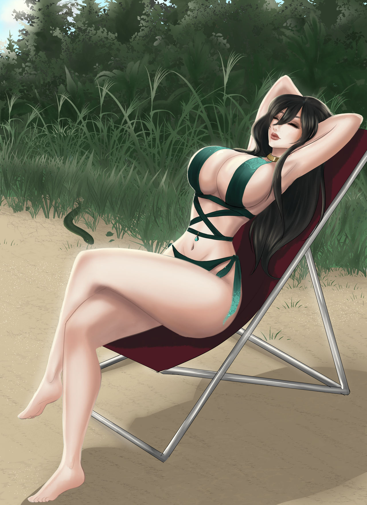 1girls aryc99 beach_chair black_hair closed_eyes closed_eyes huge_breasts long_hair lounging original original_character resting revealing_swimsuit snake voluptuous