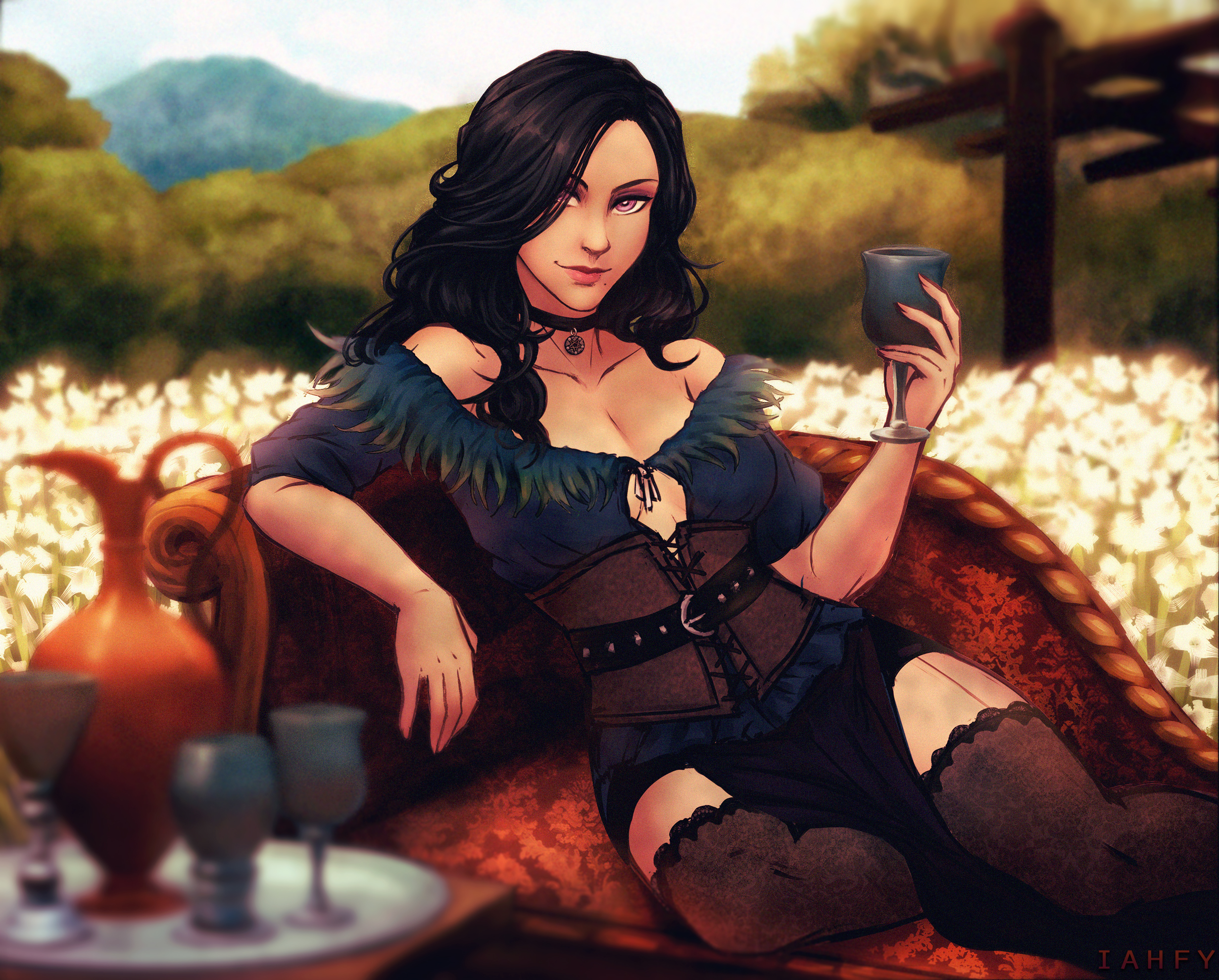 bedroom eyes, black hair, breasts, cd projekt red, choker, cleavage, clothed, cup, drink, female, female only, iahfy, long hair, looking at viewer, outdoors, outside, purple eyes, sitting, smile, solo, the witcher (series), the witcher 3: wild hunt, thighhighs, wine, wine glass, yennefer