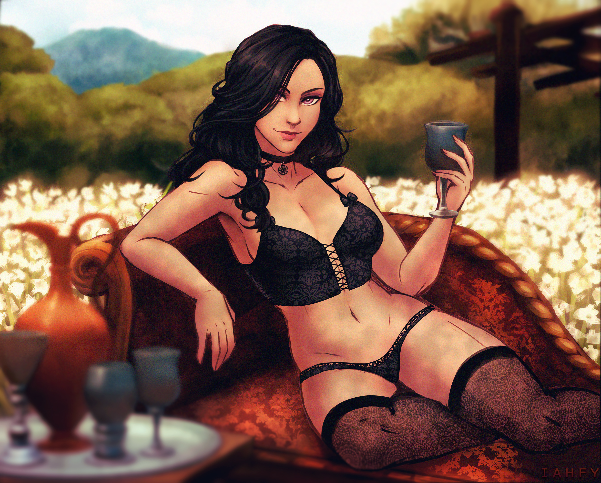 bedroom eyes, black hair, bra, breasts, cd projekt red, choker, cleavage, cup, drink, female, female only, iahfy, lingerie, long hair, looking at viewer, outdoors, outside, panties, purple eyes, sitting, smile, solo, the witcher (series), the witcher 3: wild hunt, thighhighs, wine, wine glass, yennefer