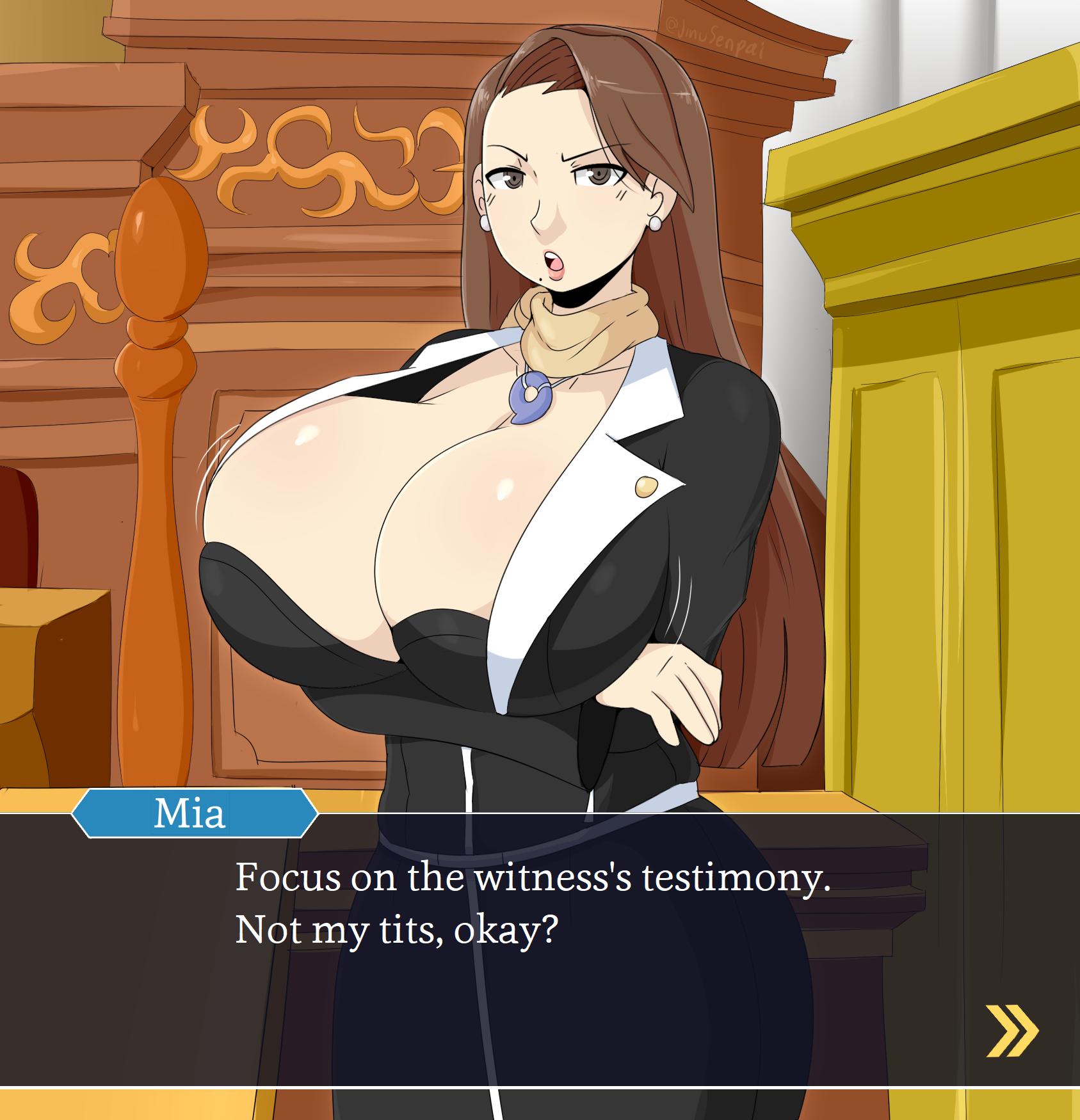 1girls, alternate breast size, beauty mark, big breasts, bouncing breasts, breasts, brown eyes, brown hair, brunette, capcom, cleavage, clothing, curvy, deep cleavage, english text, female, female only, fully clothed, gyakuten saiban, hair, huge breasts, hyper, hyper breasts, jinu, large breasts, mia fey, movement lines, solo, text, text box, video games