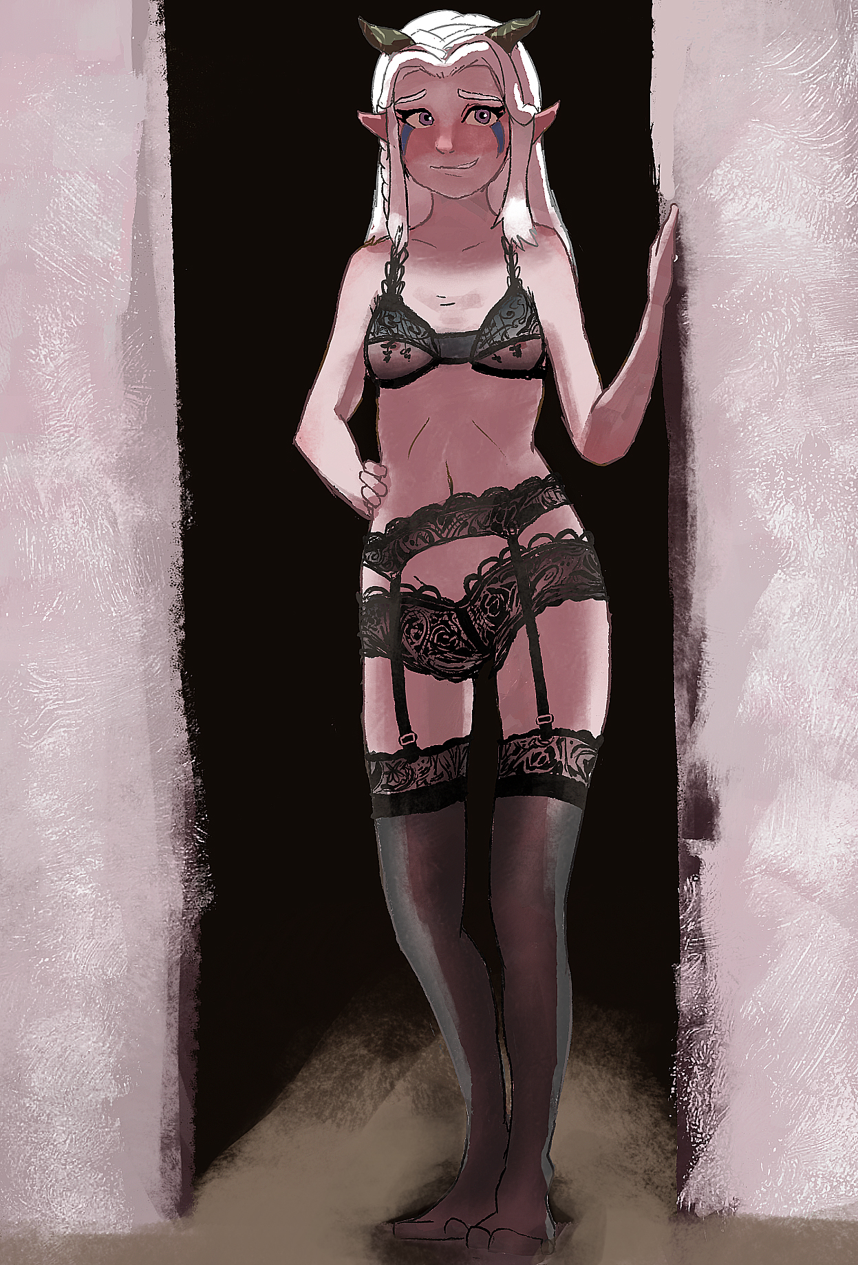 1girls, abs, blush, breasts, cleavage, elf, embarrassed, face tattoo, feet, female, garter belt, half-closed eyes, horns, lingerie, looking away, midriff, moonshadow elf, navel, pink skin, pointy ears, pose, rayla (the dragon prince), see-through, see-through bra, sketch, small breasts, solo, source request, standing, stockings, the dragon prince, thigh gap, white hair, wide hips