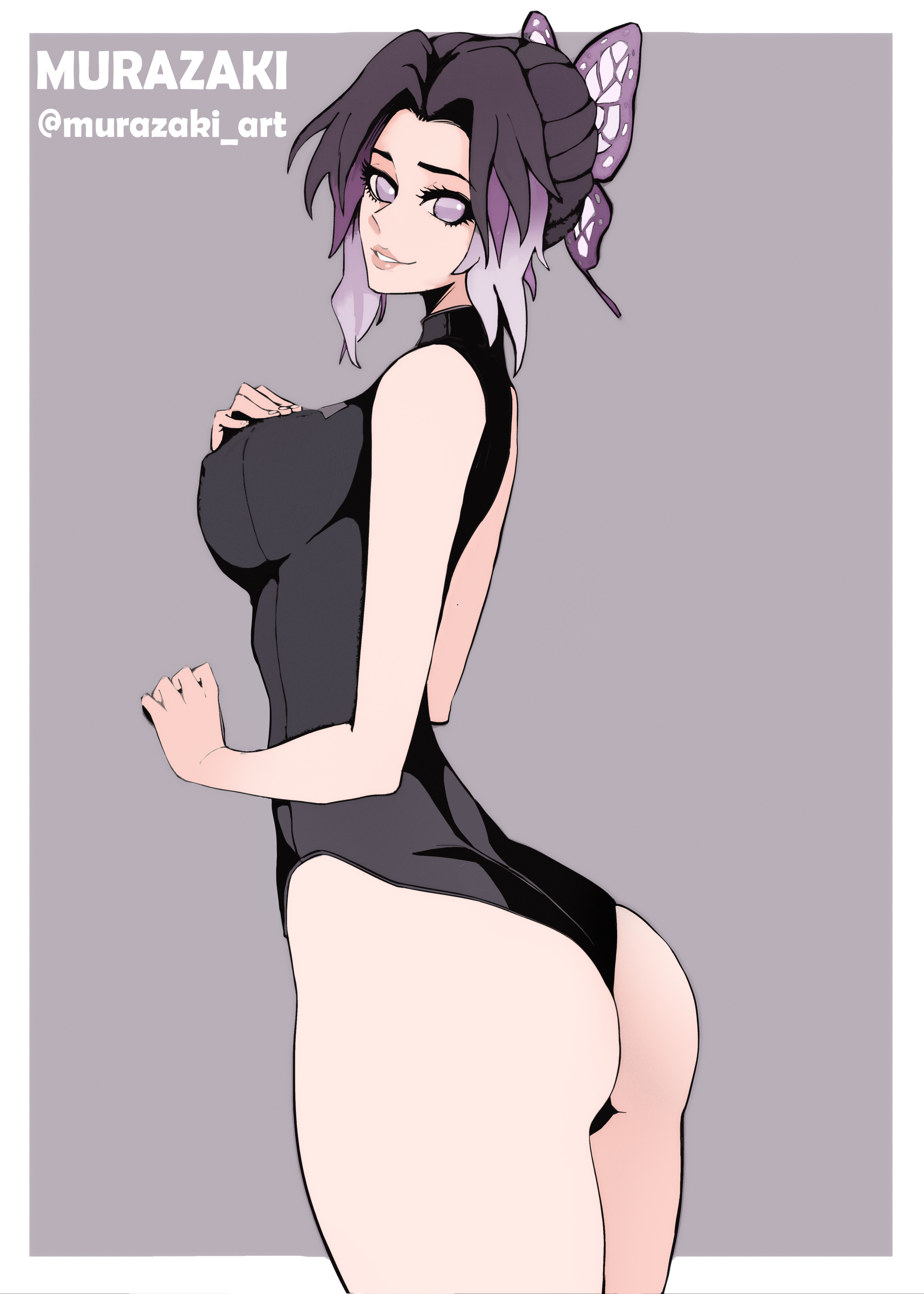 ass, butterfly hair ornament, curvy, demon slayer, female, female only, kimetsu no yaiba, kochou shinobu, solo, swimsuit