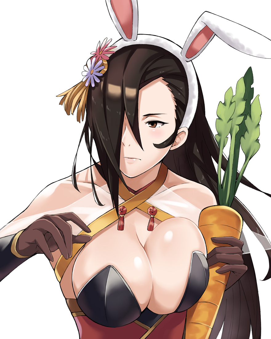 1girls animal_ears breast_press breasts brown_eyes brown_gloves brown_hair bunny_ears bunnysuit carrot cleavage collarbone female fire_emblem fire_emblem_fates fire_emblem_heroes flower gloves hair_flower hair_ornament hair_over_one_eye holding j@ck kagero_(fire_emblem) kagero_(spring)_(fire_emblem) large_breasts leotard long_hair looking_to_the_side ponytail upper_body white_background