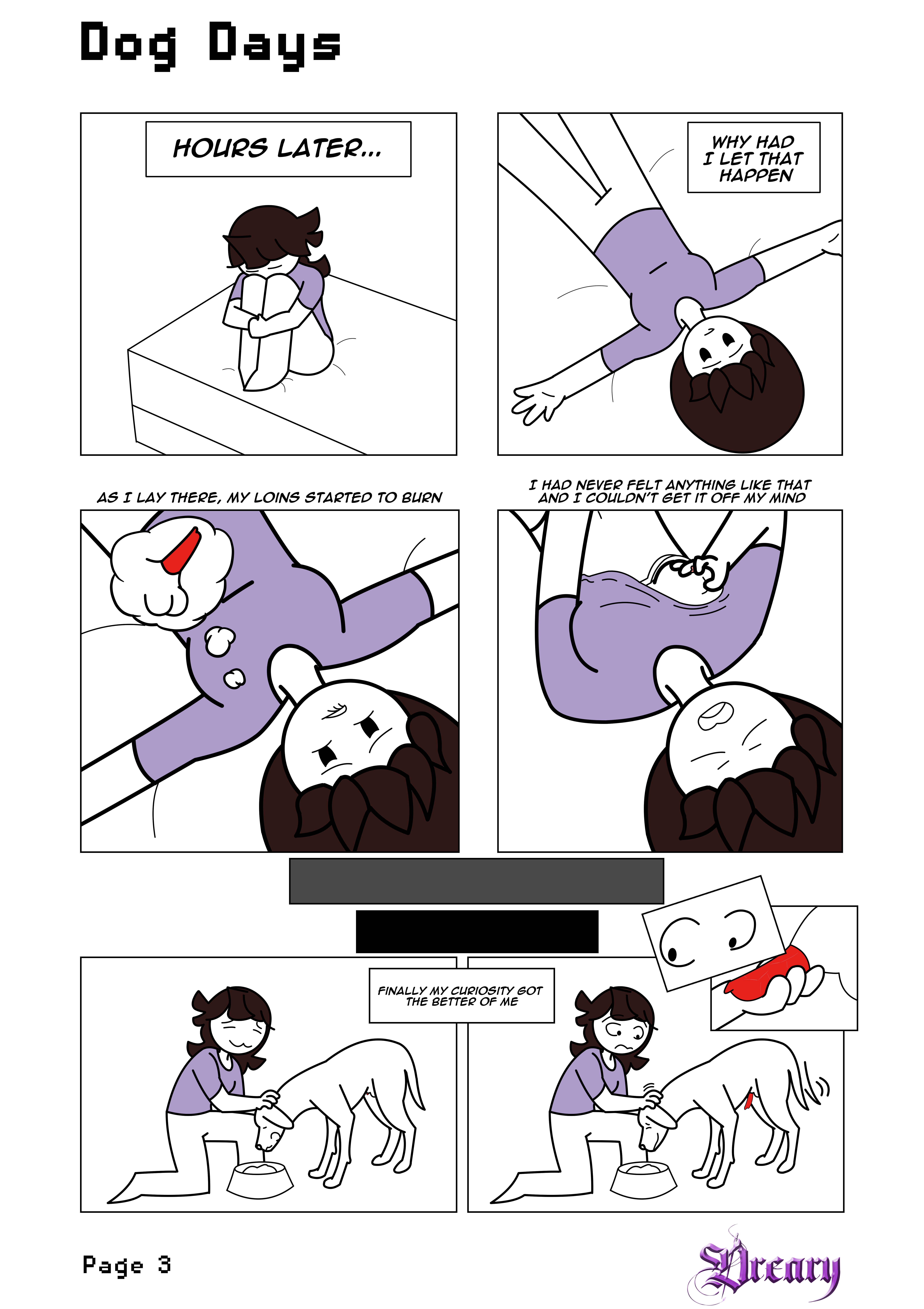 biting lip, breasts, brown hair, canid, canid on humanoid, canine, canine on human, canine penis, comic, dog, domestic dog, dreary, female, female human, feral, fondling breast, handjob, human, jaiden, jaiden animations, jaidenanimations, laying down, laying on bed, looking pleasured, male, male canine, penis, youtube, zoophilia