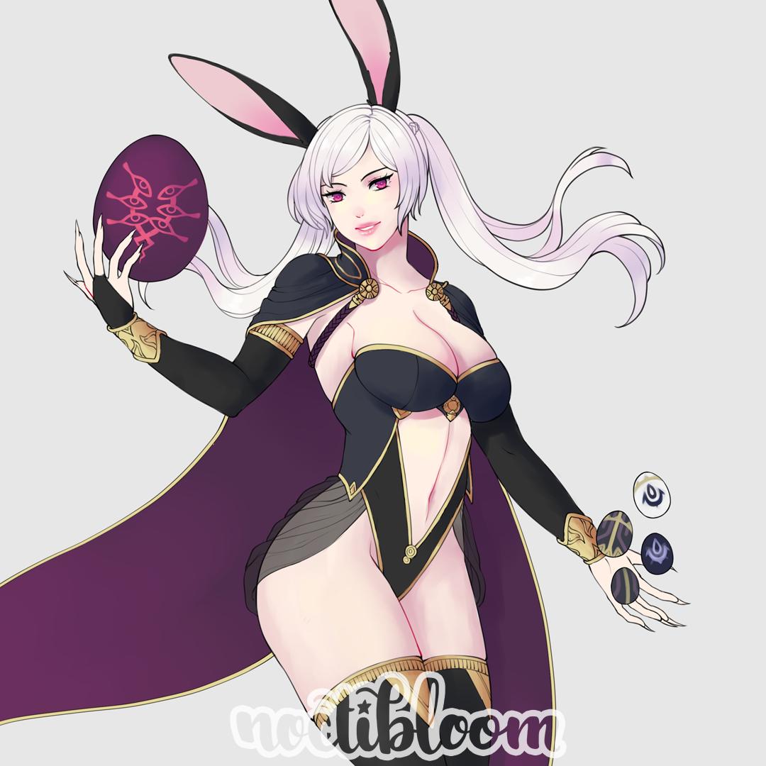 1girls, alternate costume, brand of the defile, breasts, bridal gauntlets, bunny costume, bunny ears, bunny girl, bunnysuit, cape, claws, cleavage, dark persona, detached sleeves, easter, easter bunny, easter egg, easter eggs, elbow gloves, exposed belly, exposed breasts, eyes of grima, female, fire emblem, fire emblem awakening, fire emblem heroes, grima (fire emblem), grima (fire emblem) (female), intelligent systems, large breasts, long nails, long sleeves, navel, navel cutout, nintendo, noctibloom, red eyes, robin (fire emblem), robin (fire emblem) (female), skindentation, smirk, solo, thighhighs, twintails, white hair