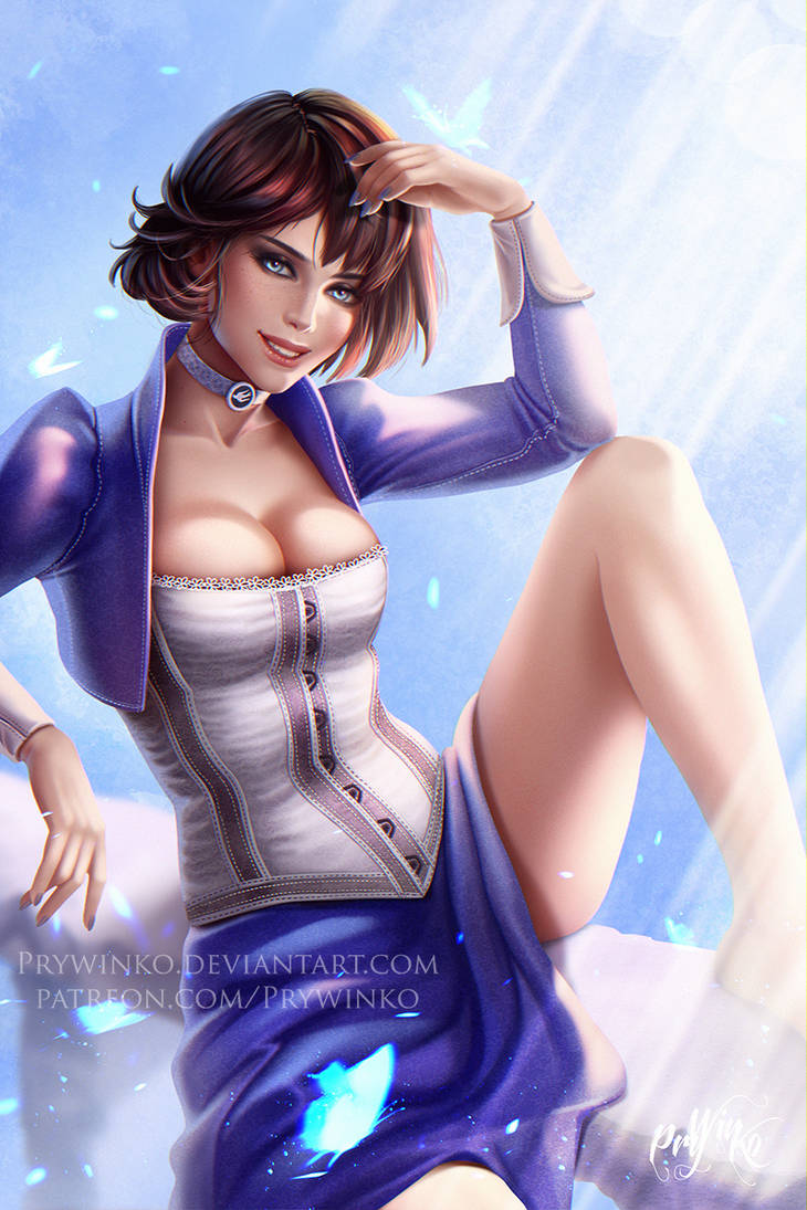 bioshock, bioshock infinite, brown hair, choker, corset, elizabeth comstock, female, female only, prywinko, short hair, sitting, solo