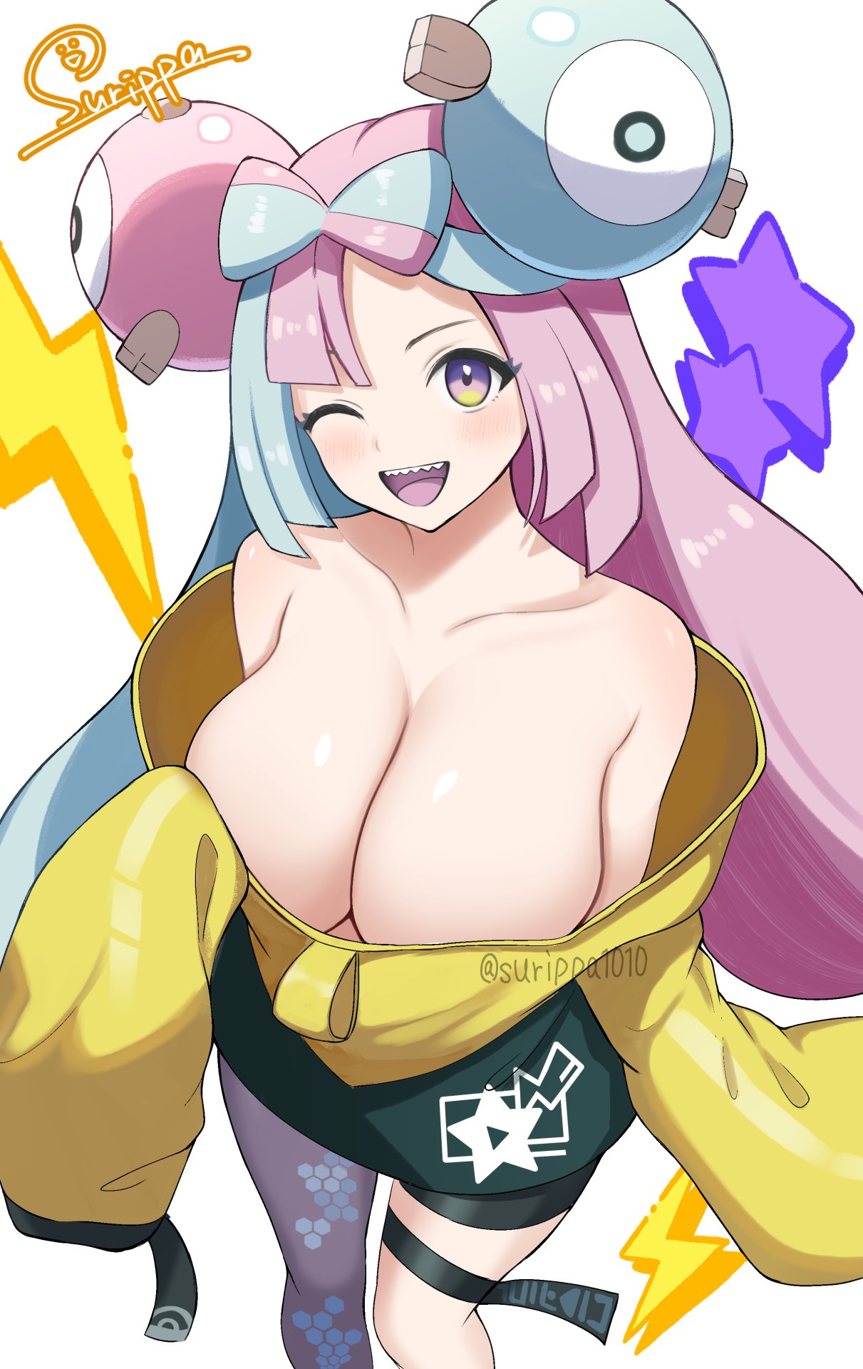 1girls alternate_breast_size big_breasts blush breasts cyan_hair female hi_res huge_breasts iono_(pokemon) large_breasts looking_at_viewer one_eye_closed open_mouth pink_hair pokemon pokemon_sv purple_eyes smile solo surippa1010 white_background wink winking winking_at_viewer