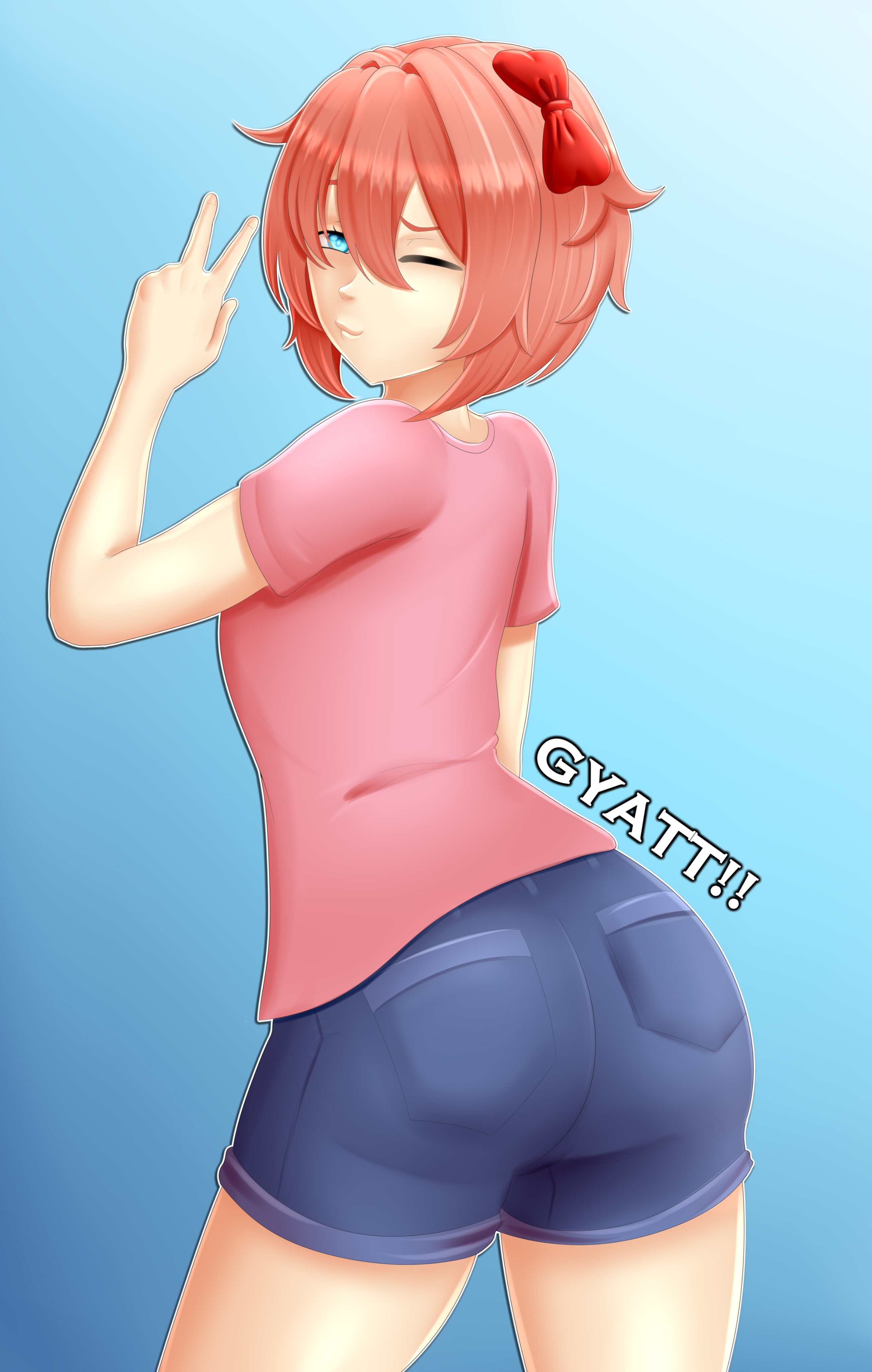 1girls, 5 fingers, ass, back view, behind view, blue eyes, bow, clothed, clothes, clothing, commission, commission art, doki doki literature club, english text, female, female focus, female only, hair bow, hairbow, just sayori, meme, morbite, red bow, red hair bow, red hairbow, sayori (doki doki literature club), shirt, shorts, solo, solo female, solo focus, strawberry blonde hair, text, viewed from behind