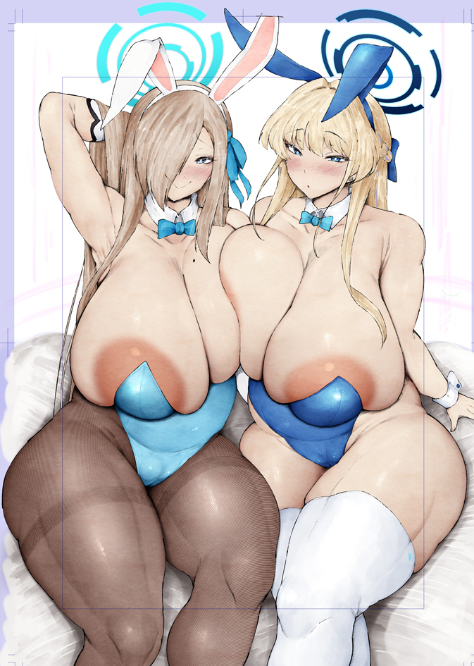 2girls, alternate version available, areola slip, asuna (blue archive), asuna (bunny girl) (blue archive), asuna (bunny) (blue archive), blue archive, blue eyes, blush, bowtie, breasts, bunnysuit, bursting breasts, busty, curvaceous, curvy, curvy body, curvy female, curvy figure, detached collar, fake animal ears, female, female only, heart-shaped pupils, huge breasts, kurotama, leotard, long hair, looking at viewer, mole, multiple females, multiple girls, pantyhose, plump, solo, standing, text, thick thighs, toki (blue archive), toki (bunny) (blue archive), venus body, voluptuous, wide hips, yellow hair
