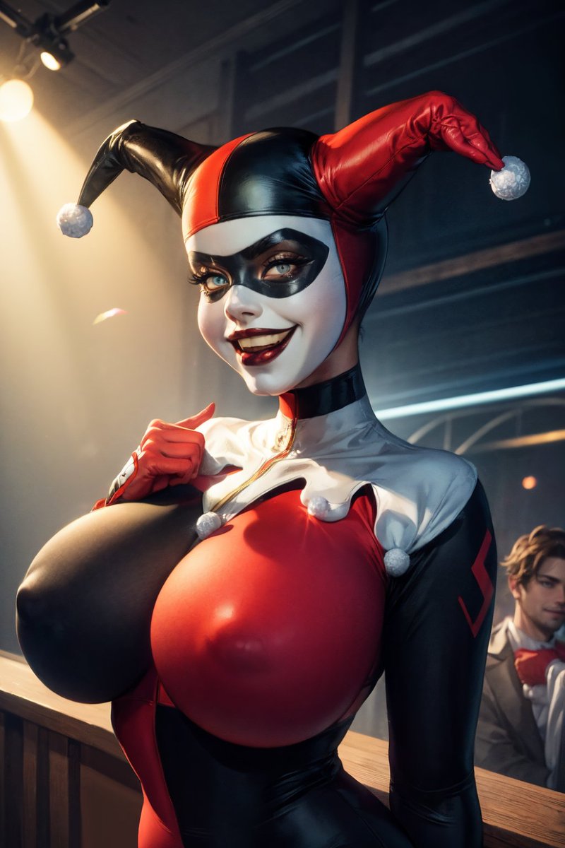 1boy, 1girls, 3:4, ai generated, alternate breast size, background character, batman (series), big breasts, blue eyes, bodysuit, breasts, brown hair, bythebrokenone, clothing, clown makeup, dc, dc comics, domino mask, eyelashes, female, female focus, gloves, harley quinn, harley quinn (classic), huge breasts, human, jester, jester girl, jester hat, jester outfit, large breasts, light skin, light-skinned female, lips, lipstick, looking at viewer, makeup, male, mask, nipple bulge, nipples, nipples visible through clothing, parted lips, red lipstick, seductive, smile, solo focus, spotlight, stable diffusion, teeth, voluptuous