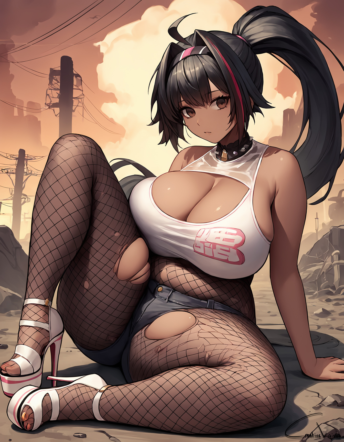 ai generated, bay (nikke), breasts, creativevisionsai, female, fishnets, goddess of victory: nikke, high heels, large breasts, platform heels, tagme