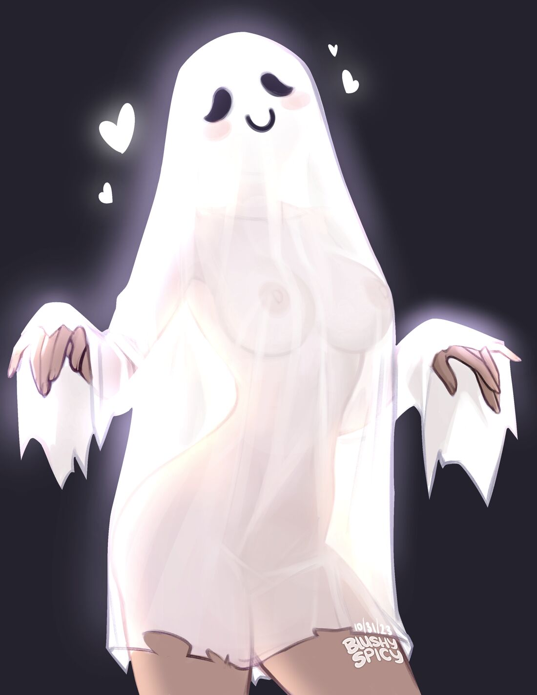 2d bedsheet_ghost blushypixy blushyspicy breasts ghost_costume naked_costume nipples nipples_visible_through_clothing no_bra nude_silhouette oc original original_character see-through sheet_ghost