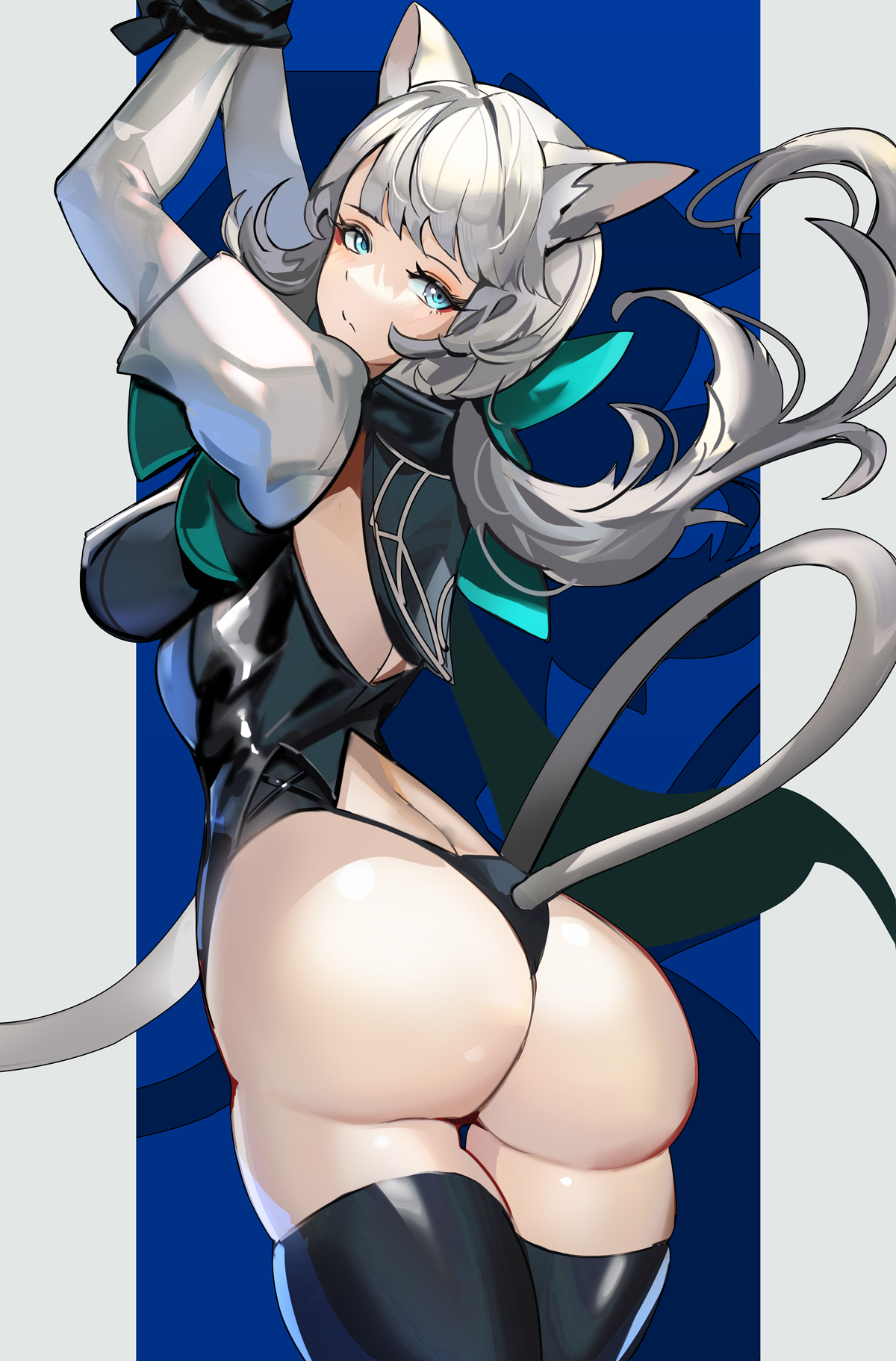 arms up, ass, ass focus, back cutout, big ass, big breasts, bondage, bound, bound wrists, breasts, cat ears, cat tail, closed mouth, female, frown, genshin impact, grey hair, large breasts, looking back, lynette (genshin impact), sideboob, solo, standing, tagme, tagme (artist), thighhighs, thong