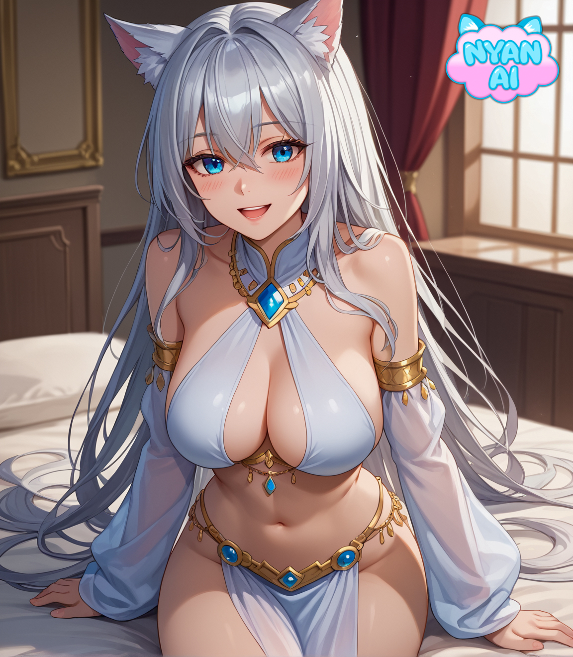 2d, ai assisted, ai generated, athletic, bed sheet, blue eyes, blush, bra, breasts, cat girl, catgirl, cleavage, cosplay, curvy female, dancer, dancer girl, dancer outfit, female, female focus, fit, fit female, front view, humanoid, jewelry, looking at viewer, mature female, midriff, neko, nekomimi, nyan ai, nyanai, open mouth, outfit, pale skin, pose, sfw, shiny skin, silver hair, sitting, sitting female, smile, smile at viewer, smiley face, stomach, thick thighs, white hair, white skin