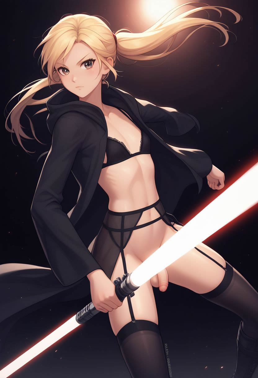 ai_generated artificial_intelligence dark_side femboy femboy_solo flaccid_penis garter_belt hoodie jedi light_saber lingerie peeking_penis red_lightsaber rqueirozbr solo star_wars stockings