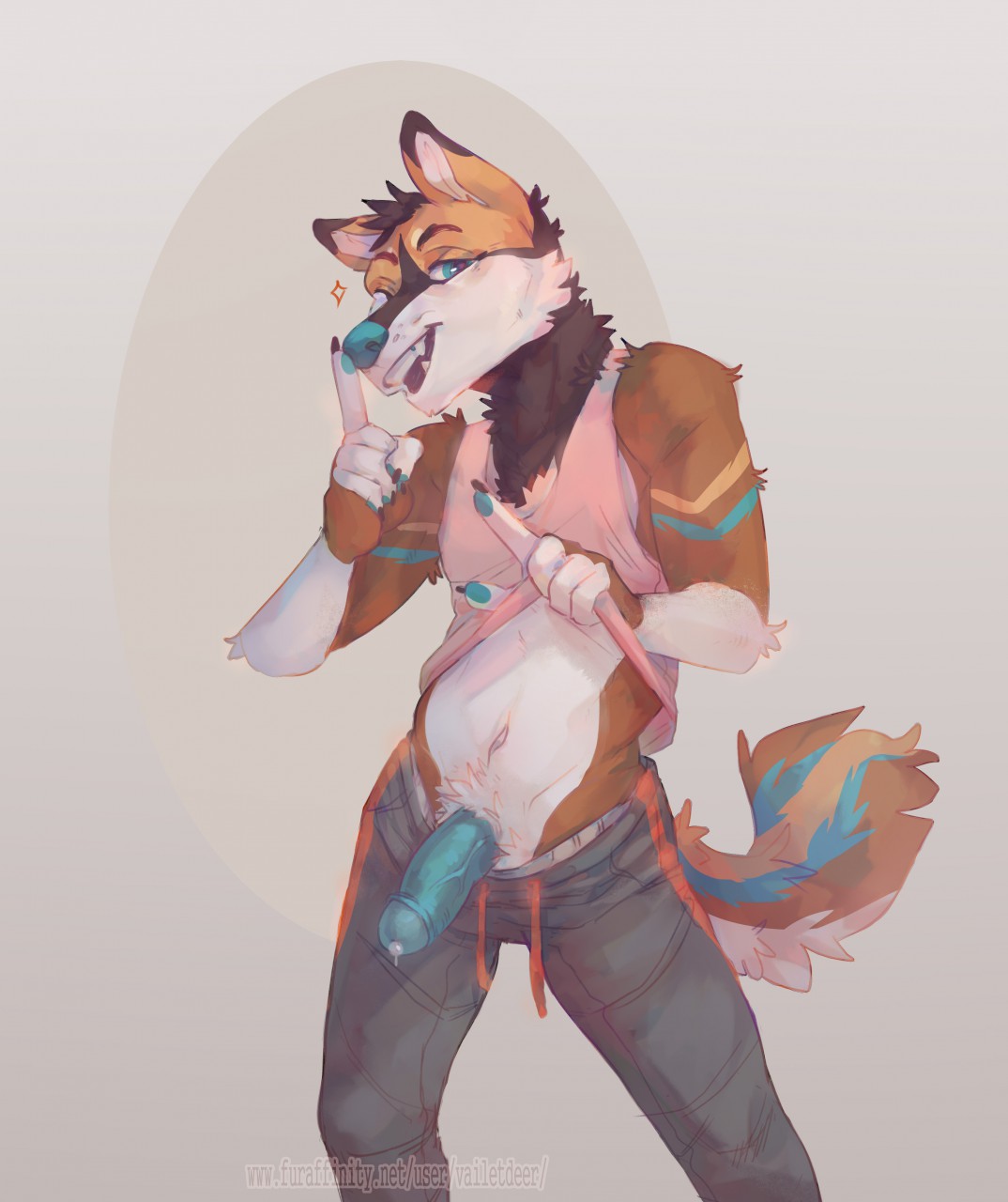 anthro blue_eyes canid canine canis clothing dam_(somewolfy) hi_res humanoid_penis male male_only mammal penis precum vailet_deer wolf