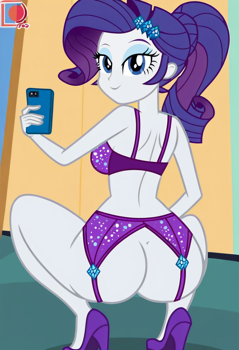 1girls, ai generated, ass, backless, big ass, big butt, bubble ass, bubble butt, cellphone, equestria girls, fancy clothing, female, female only, friendship is magic, hasbro, high heels, huge ass, lingerie, lingerie only, looking back, my little pony, phone, ponytail, purple lingerie, rarity (eg), rarity (mlp), selfie, smartphone, solo, solo female, squatting