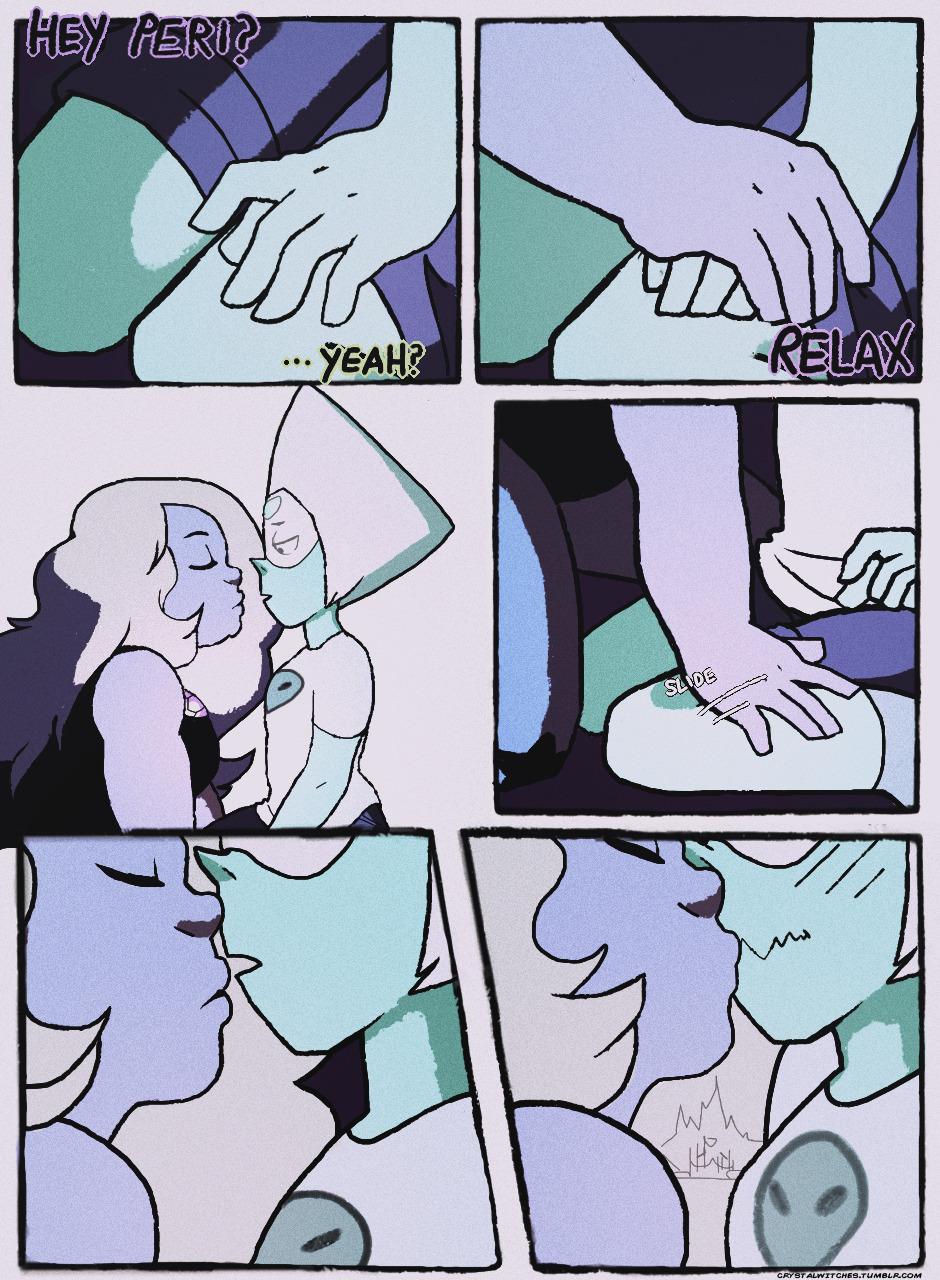 amethyst_(steven_universe) cartoon_network comic crystalwitches english_text first_kiss gem_(species) hand_on_another's_head hand_on_leg kiss_on_lips peridot_(steven_universe) steven_universe wholesome yuri