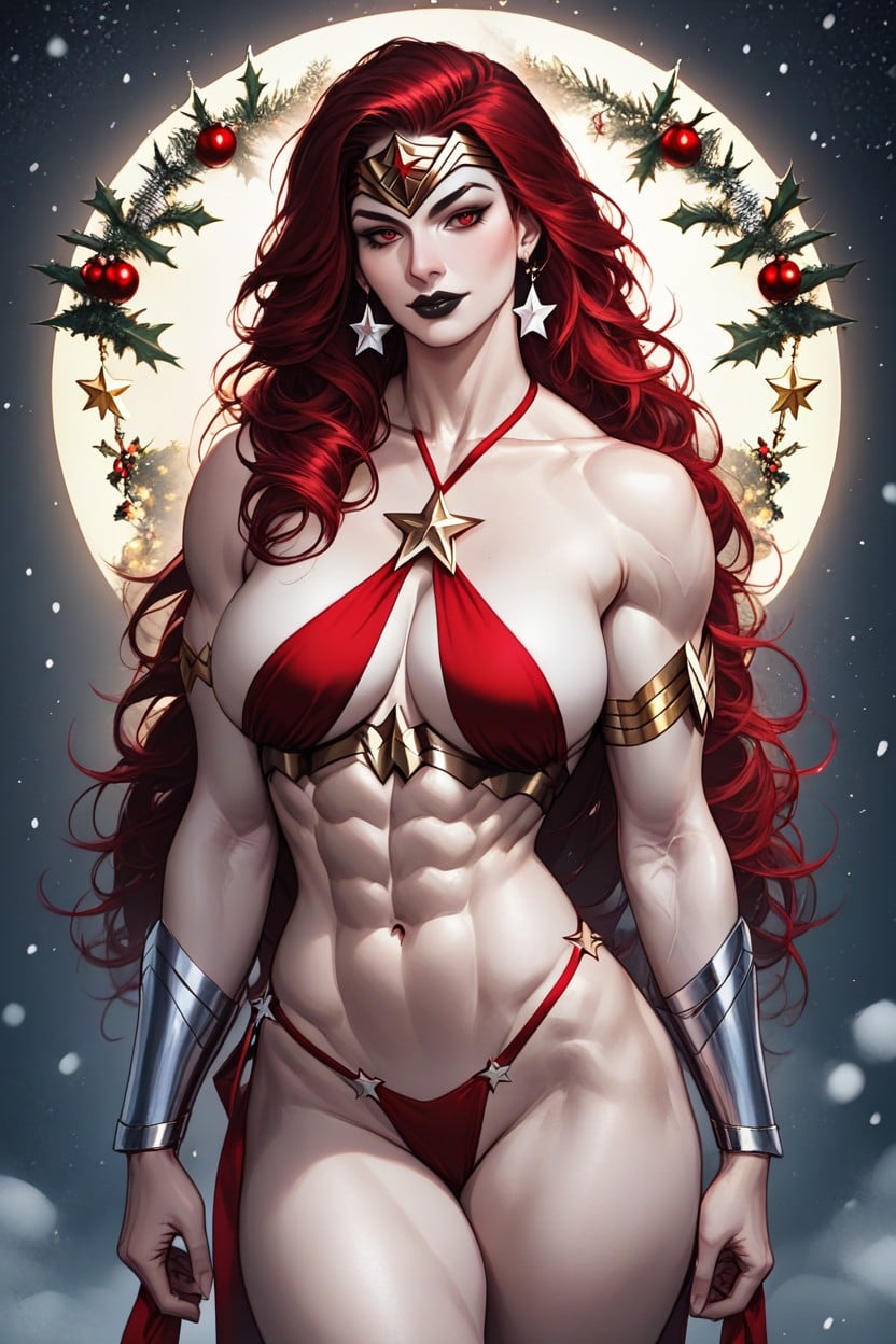 2026, abs, ai art, ai assisted, ai generated, ai-created, alternative reality, alternative version, amazon, amazonian, athletic, athletic female, big breasts, black lipstick, bra, bracelets, breasts, christmas, dc, dc comics, diana prince, earrings, female, holidays, looking at viewer, moon, multiverse, new year 2026, night, pale skin, pale-skinned female, panties, red eyes, red hair, sevalgold, snow, solo, strong female, superheroine, themysciran, universe, wonder woman