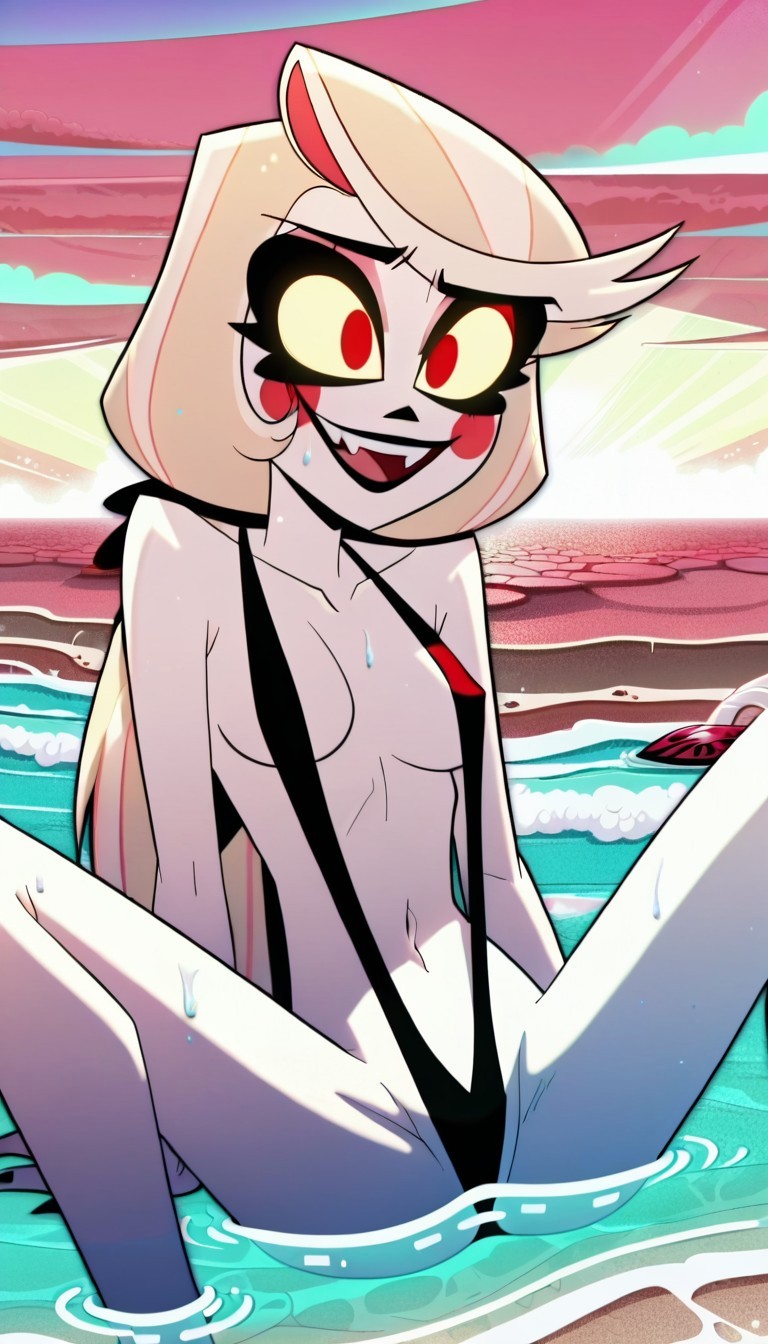 ai generated, beach, black lips, blonde hair, breasts, charlie morningstar (hazbin hotel), collarbone, female, hazbin hotel, long hair, navel, sitting, skinny, slim waist, slingshot swimsuit, smile, solo, spread legs, swimsuit, tagme, water, wet, wet body, white skin
