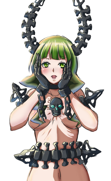 1girls bad_id bad_pixiv_id black_horns black_rock_shooter dead_master deleted_in_source female female_only green_eyes green_hair hair_over_breasts horns julius_yu medium_breasts medium_hair skull solo solo_female