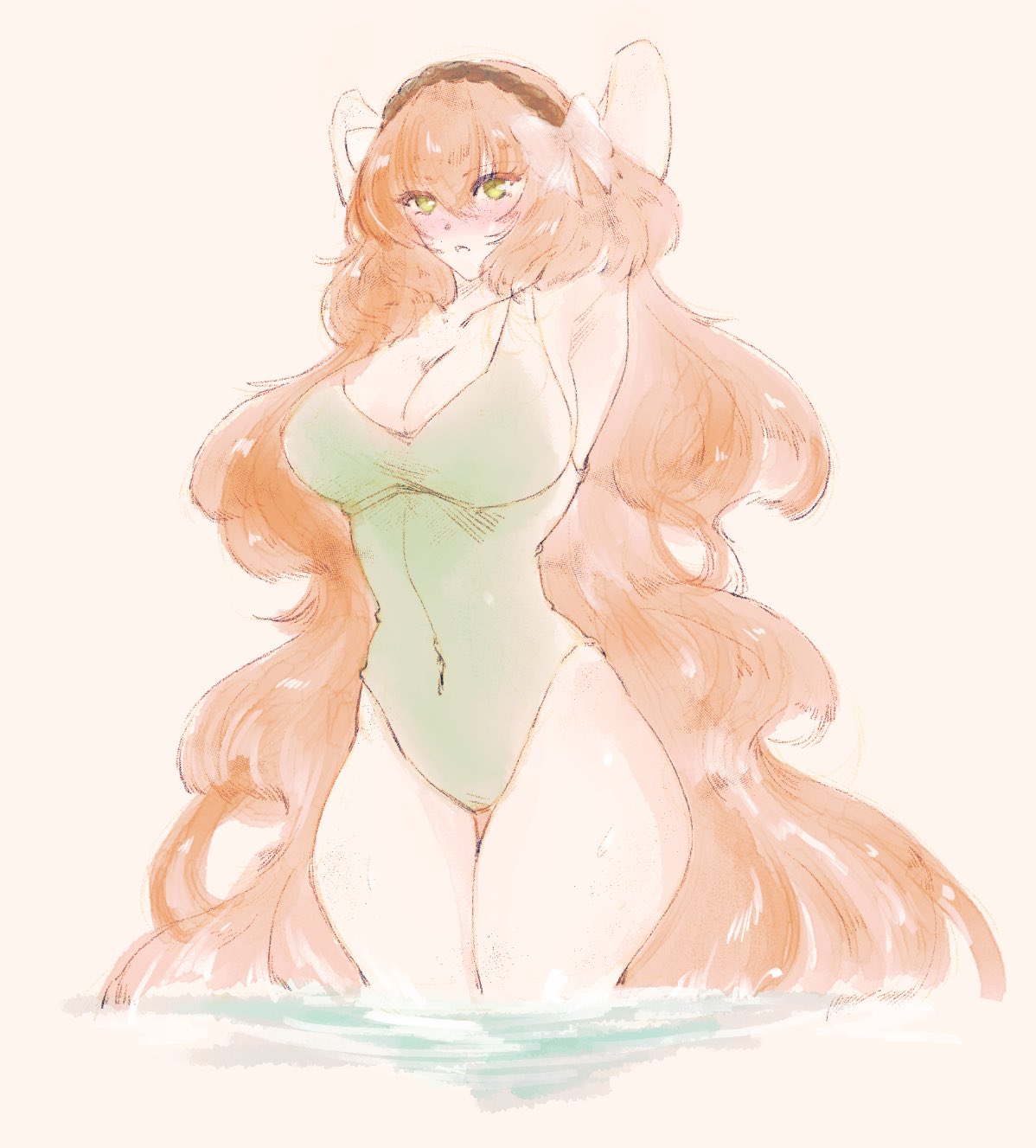 1girls, big breasts, blush, breasts, clothing, curvy, female, freckles, ginger, green eyes, hairband, ishmael (limbus company), limbus company, long hair, orange hair, project moon, swimsuit, thick thighs, very long hair