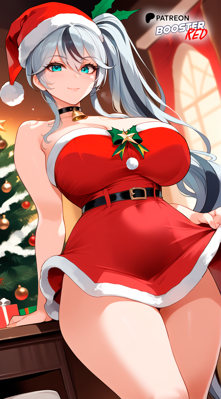 1girls ai_generated azur_lane bare_shoulders black_choker black_hair blue_eyes boosterred99 choker christmas christmas_clothing christmas_outfit christmas_tree dress earrings female large_breasts long_hair multicolored_hair one_ponytail pony_diffusion_xl ponytail red_dress santa_costume seductive_look seductive_smile strapless thighs two_tone_hair voluptuous white_hair white_thong wide_hips