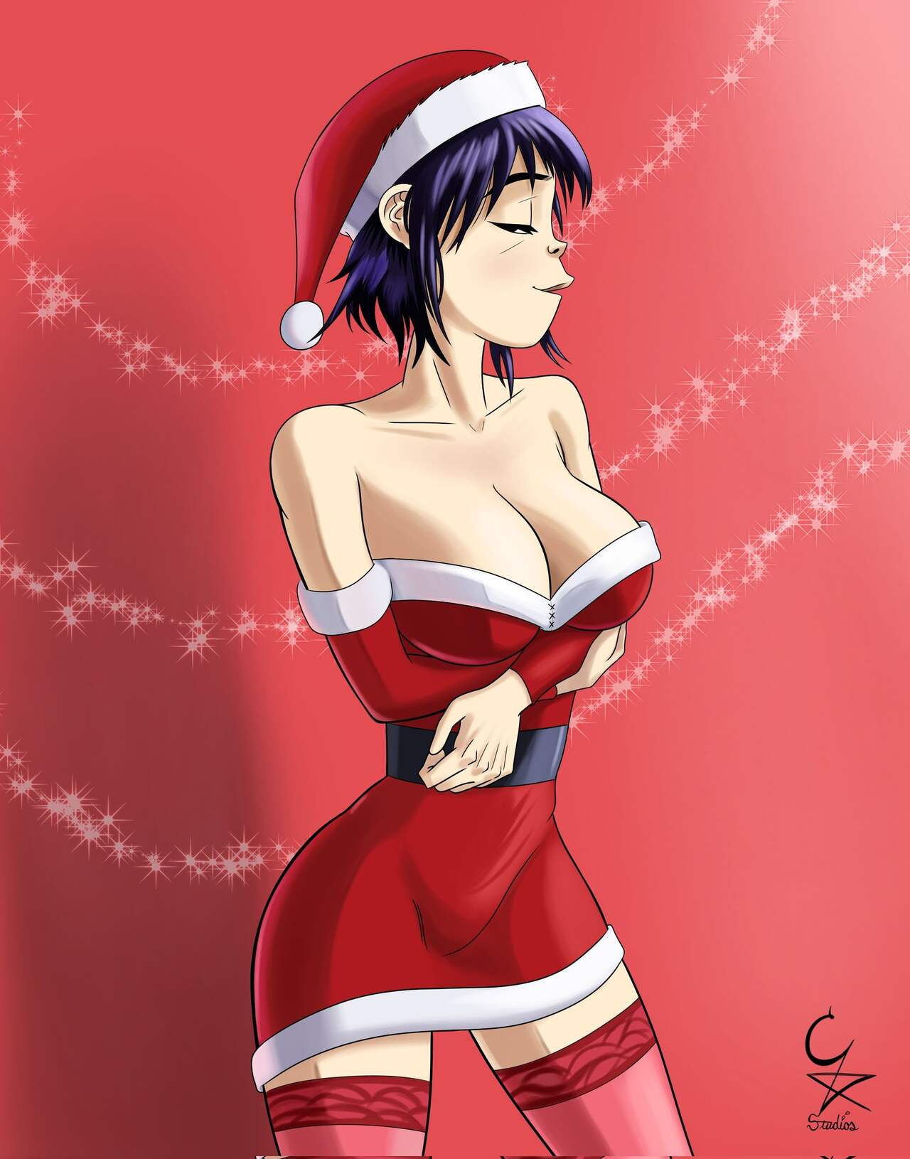 busty christmas christmas_outfit cockstar_studios curvy gorillaz hi_res noodle_(gorillaz) tagme