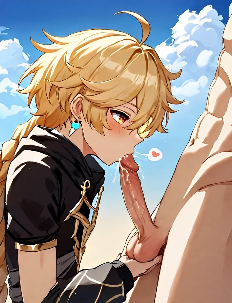 aether_(genshin_impact) ai_generated blonde_hair blush cock cum cum_in_mouth dick earrings fellatio gay gay_sex genshin_impact holding_testicles long_hair male male/male male_focus male_only penis sucking sucking_penis testicles yaoi