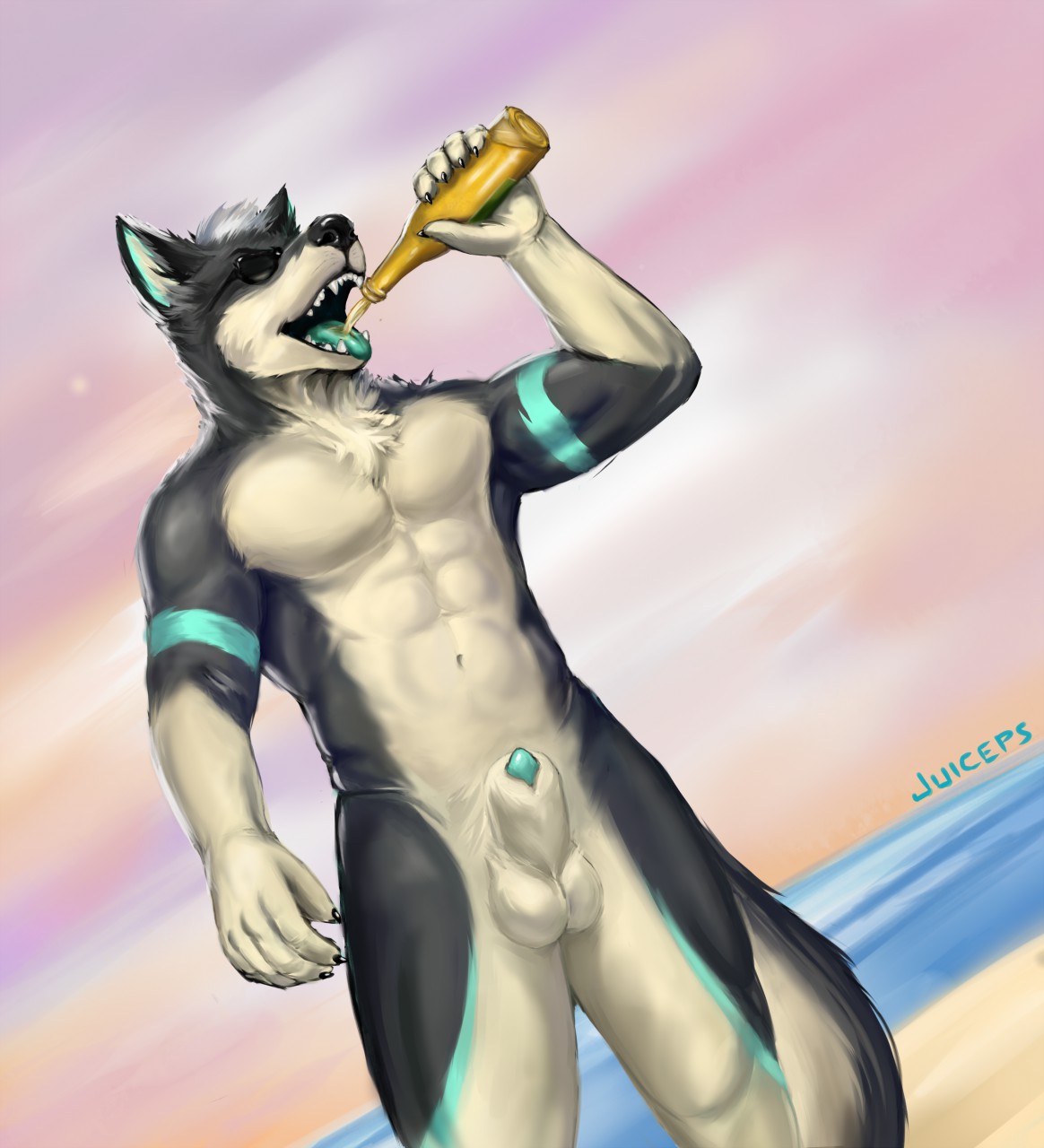 2019 5_fingers abs alcohol animal_genitalia anthro balls beach beer beverage biceps biped black_claws black_fur black_nose black_tail bottle canid canine canis claws detailed_background domestic_dog drinking dutch_angle eyewear front_view fur green_penis green_tongue hair hi_res holding_bottle holding_object husky juice_(character) juiceps male male_only mammal multicolored_fur multicolored_tail muscular muscular_male navel nordic_sled_dog nude open_mouth outside pecs penis penis_tip sea seaside sheath short_hair signature solo spitz standing sunglasses teeth tongue two_tone_fur two_tone_tail water white_balls white_fur white_hair white_sheath white_tail