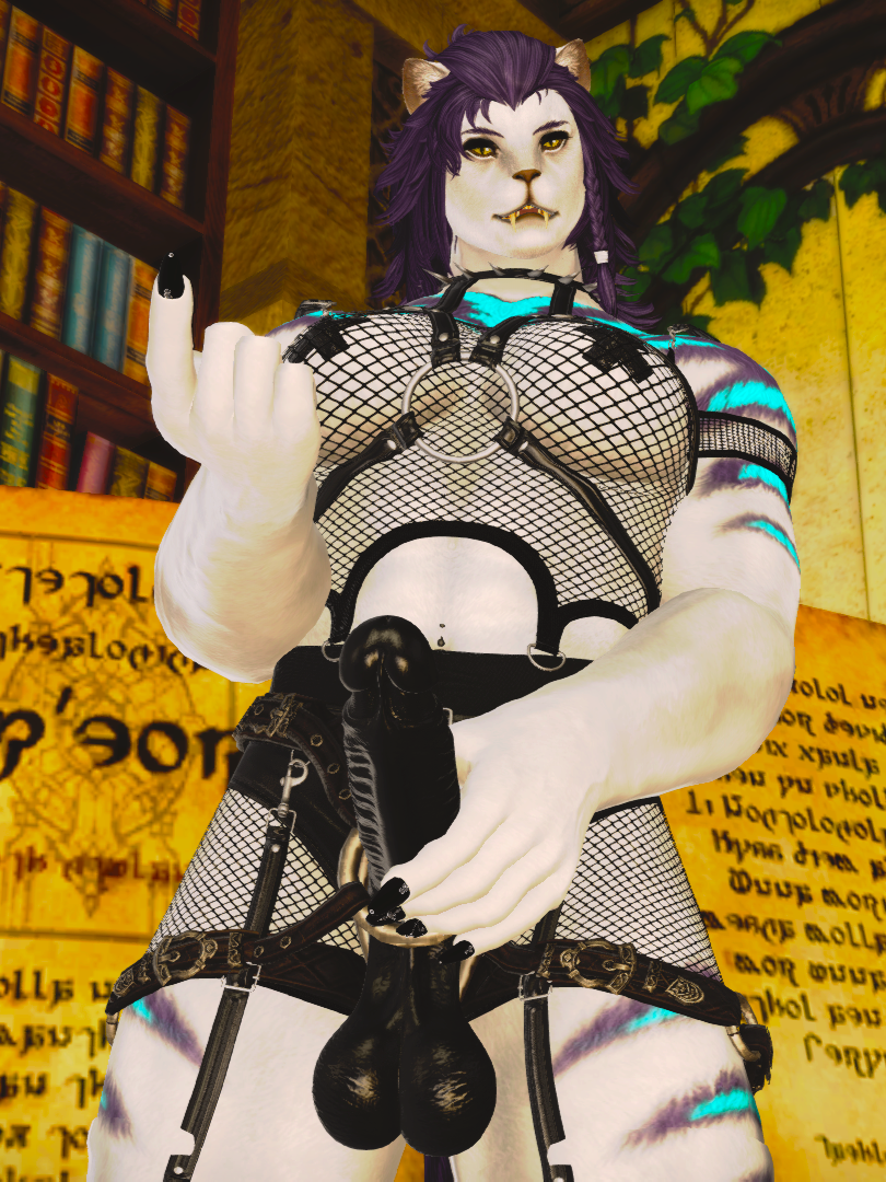 3d big_breasts dominant_female final_fantasy_xiv from_below furry furry_only hrothgar leather muscular pasties solo_female strap-on submissive_pov