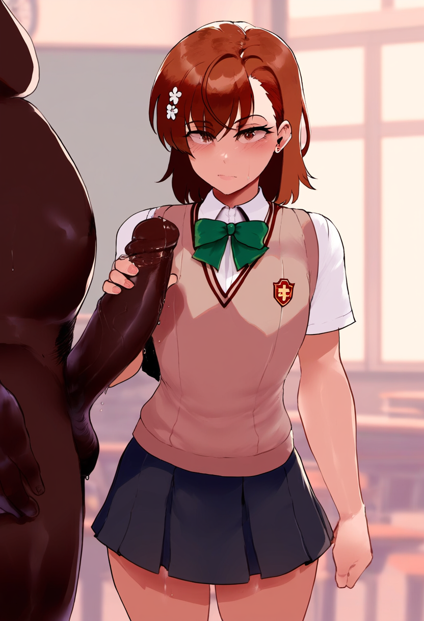 1boy 1girls ai_generated big_penis brown_eyes brown_hair dark-skinned_male flower_in_hair hair_ornament handjob huge_cock interracial looking_at_viewer misaka_mikoto school_uniform thiccwithaq_(ai_style) to_aru_kagaku_no_railgun to_aru_majutsu_no_index tokiwadai_school_uniform