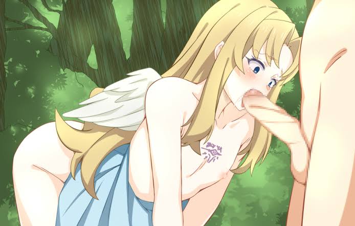 1girls, balls, blonde hair, blowjob, blue eyes, censored, erection, fellatio, female, filo, filorial, forced fellatio, forest, half clothed, half naked, iwatani naofumi, long hair, male, monster girl, mosaic censoring, nipples, oral, penis, slave, tate no yuusha no nariagari, tattoo, testicles, wings