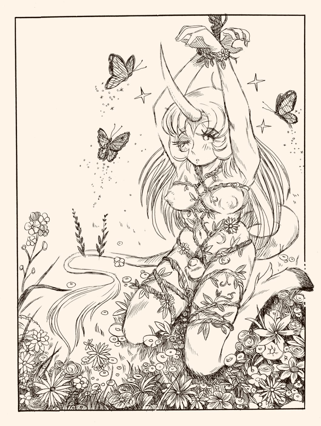 1futa animal_ears areolae arms_above_head bondage breasts butterfly bxxxnie erection flowers futa_only futanari futasub horn horse_girl humanoid kemonomimi kneeling laurestine_(taylor_titmouse) long_hair nipples nude one_eye_closed outdoors penis rope rope_bondage solo tail unicorn unicorn_horn unicorn_humanoid vines