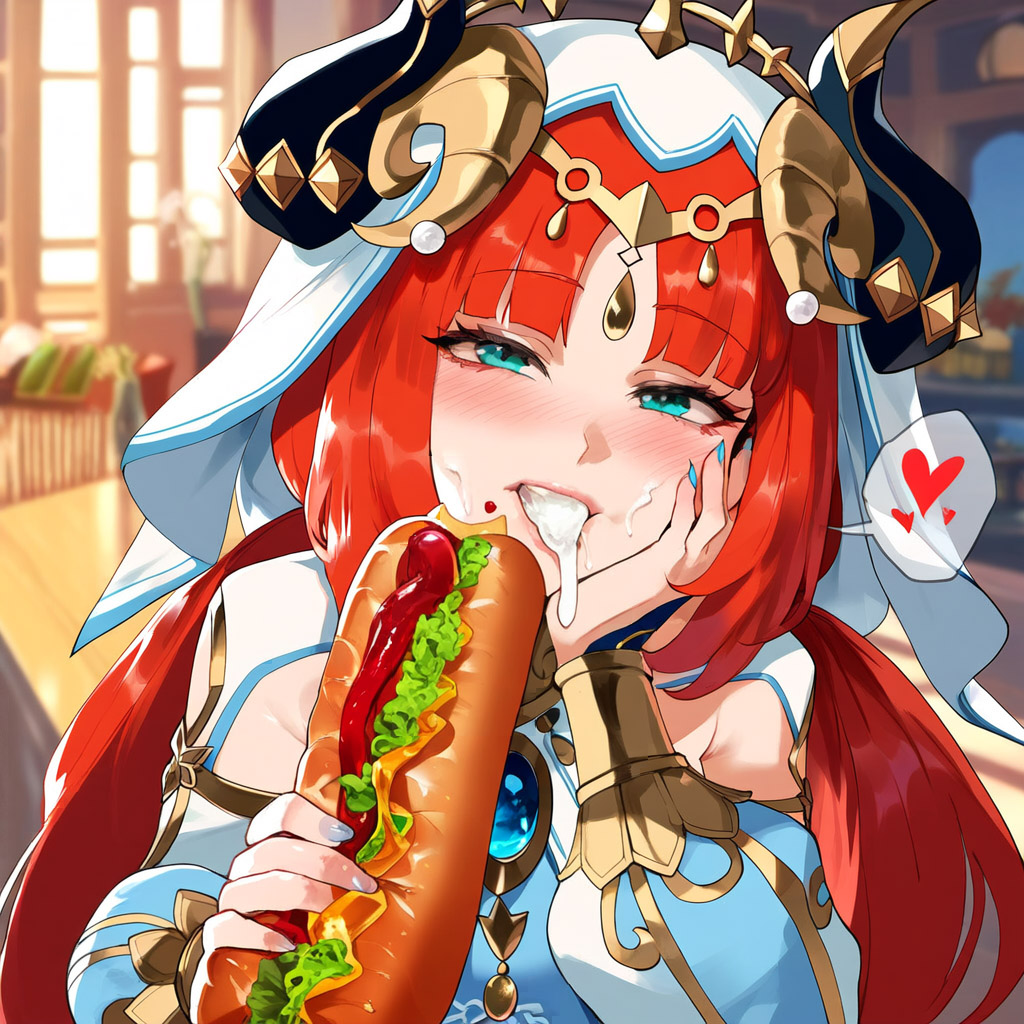 1girls ai_generated bangs blue_eyes blunt_bangs blurry_background blush breasts circlet cum_in_mouth depressu eating eyebrows_visible_through_hair food food_on_face fruit genshin_impact hair_ornament hamburger heart holding holding_food indoors long_hair looking_at_viewer meme nilou_(genshin_impact) red_hair sexually_suggestive solo spoken_heart sub_sandwich