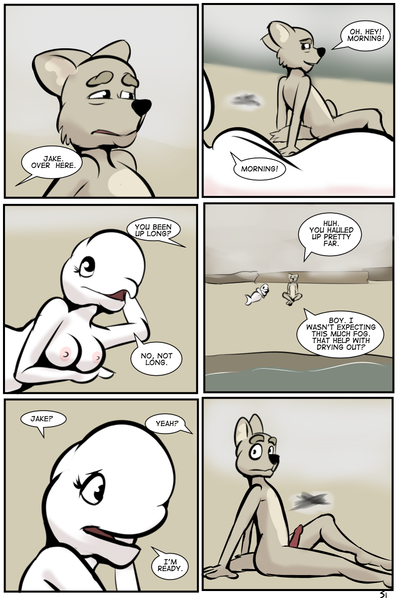 animal_genitalia animal_penis anna_(study_partners) anthro beach beluga breasts canid canine canine_penis canis cetacean cetacean_pussy comic coyote delphinoid duo english_text erection female fur hi_res jake_(study_partners) male mammal marine medium_breasts monodontid non-mammal_breasts nude page_51 penis seaside study_partners tan_fur text thunderouserections toothed_whale water