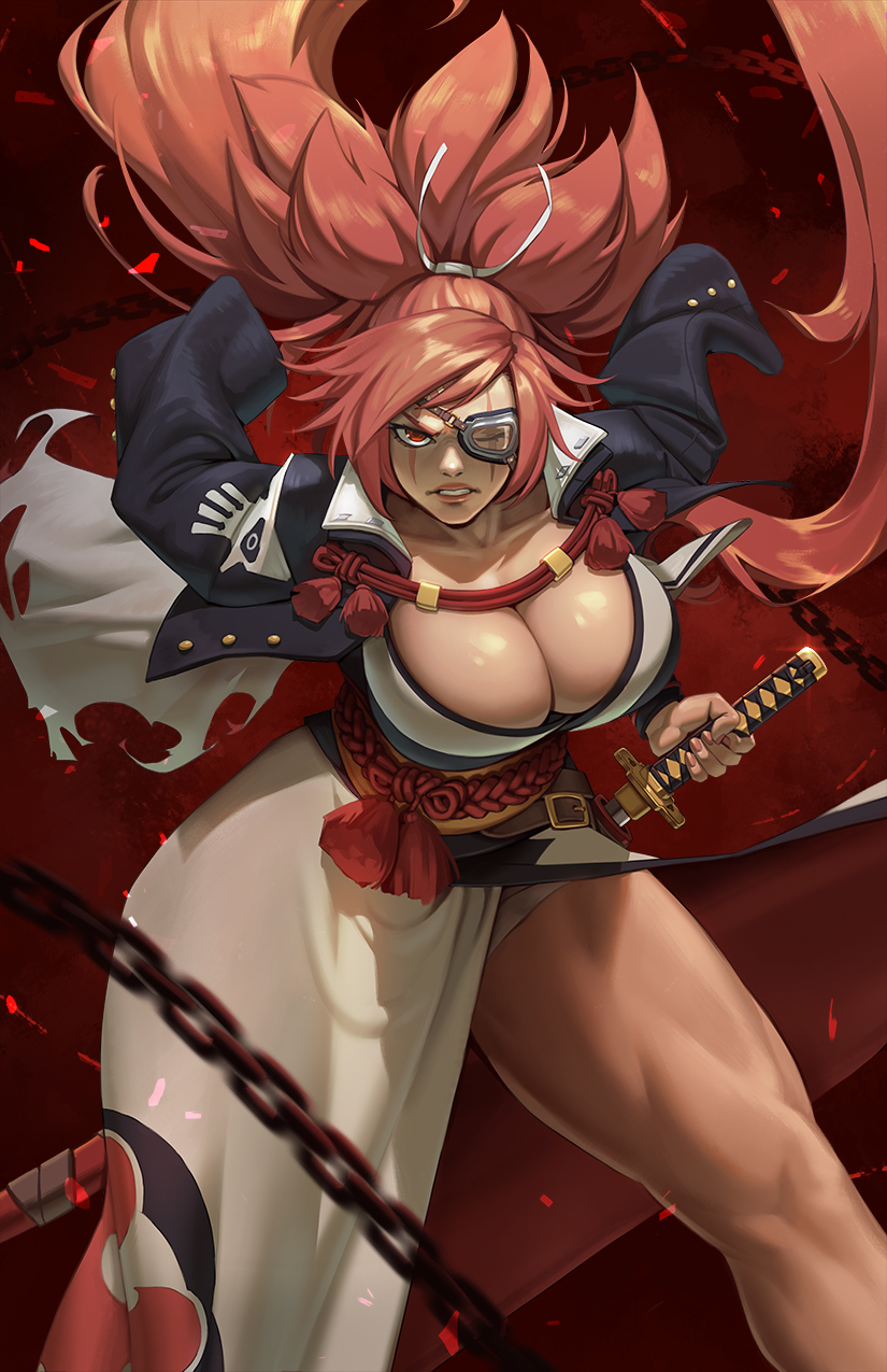 1girls angry baiken black_jacket breasts chains cleavage eyepatch female guilty_gear guilty_gear_xrd highres holding holding_sword holding_weapon jacket japanese_clothes kimono large_breasts long_hair looking_at_viewer pink_hair ponytail red_eyes rim_jims samurai scar scar_across_eye solo sword thick_thighs thighs weapon white_kimono