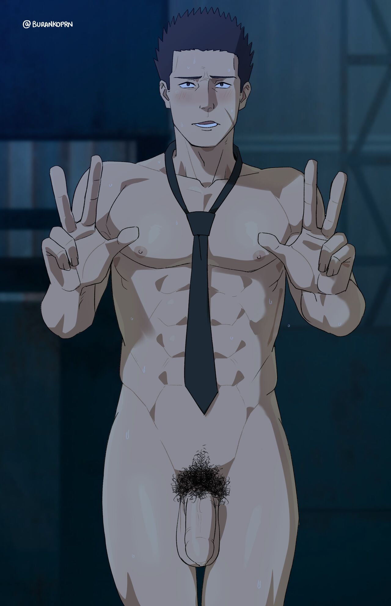 1boy abs balls ballsack black_hair blush burankoprn chainsaw_man hirokazu_arai_(chainsaw_man) male male_only muscle muscles muscular muscular_male necktie nipples nude peace_sign penis presenting public solo yaoi