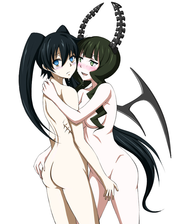 2girls ass black_hair black_horns black_rock_shooter black_rock_shooter_(character) black_wings blue_eyes blush completely_nude completely_nude_female dead_master embarrassed green_eyes horns julius_yu long_hair medium_hair multiple_girls naked naked_female naughty_face nude nude_female pale-skinned_female pale_skin scar simple_background twintails white_background wings yuri