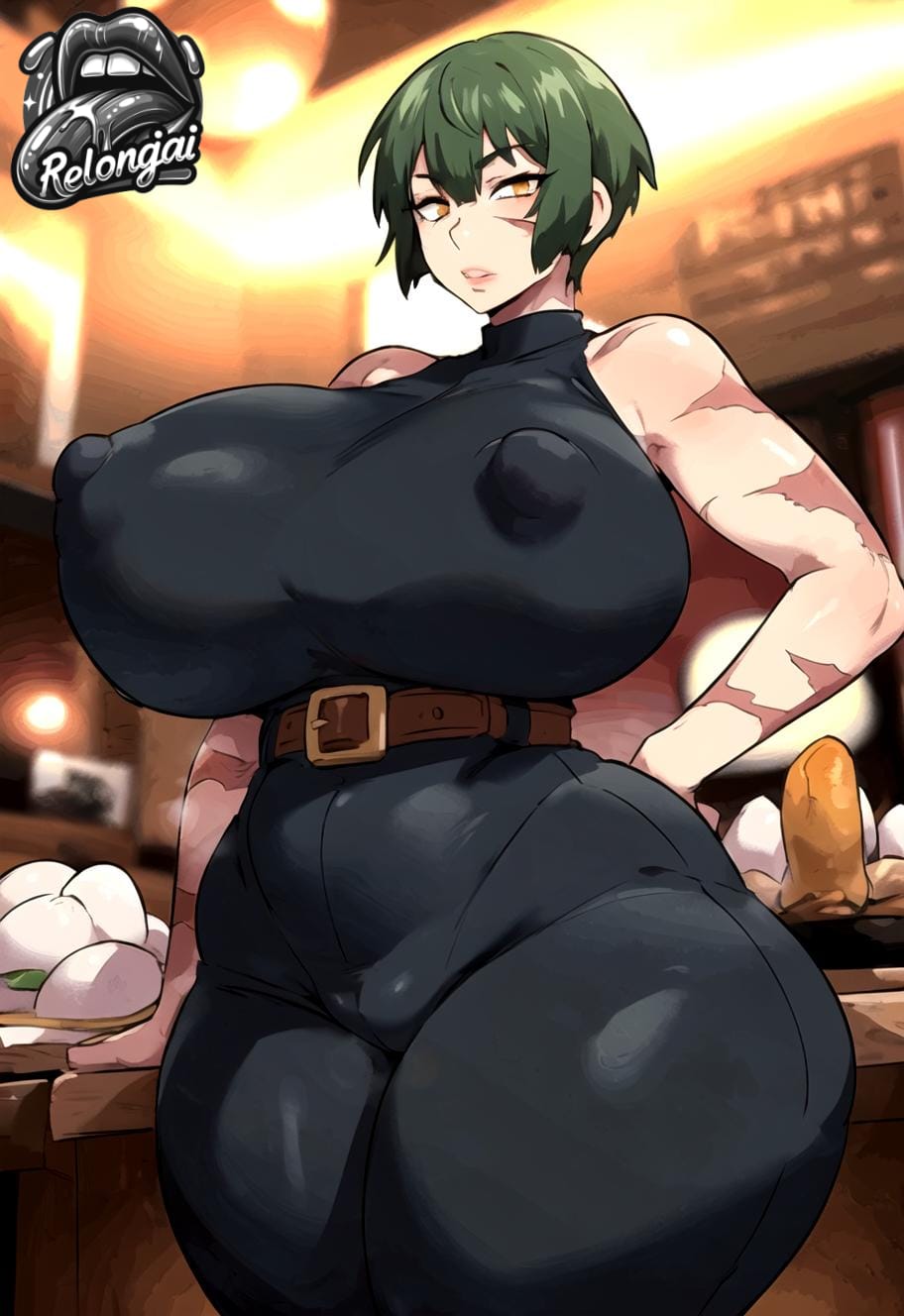 1girls, ai generated, belt, big breasts, breasts, burn scar, female, green hair, huge breasts, jujutsu kaisen, large breasts, nipples, relongiainsfw, scar, short hair, thick thighs, wide hips, yellow eyes, yuta okkotsu, zenin maki