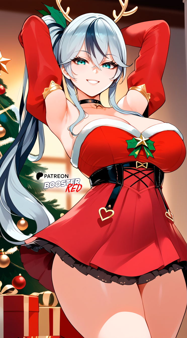 1girls ai_generated arms_above_head azur_lane bare_shoulders black_choker black_hair blue_eyes boosterred99 choker christmas christmas_clothing christmas_outfit christmas_tree dress earrings female large_breasts long_hair multicolored_hair one_ponytail pony_diffusion_xl ponytail red_dress santa_costume seductive_look seductive_smile strapless thüringen_(azur_lane) thighs thueringen two_tone_hair voluptuous white_hair white_thong wide_hips